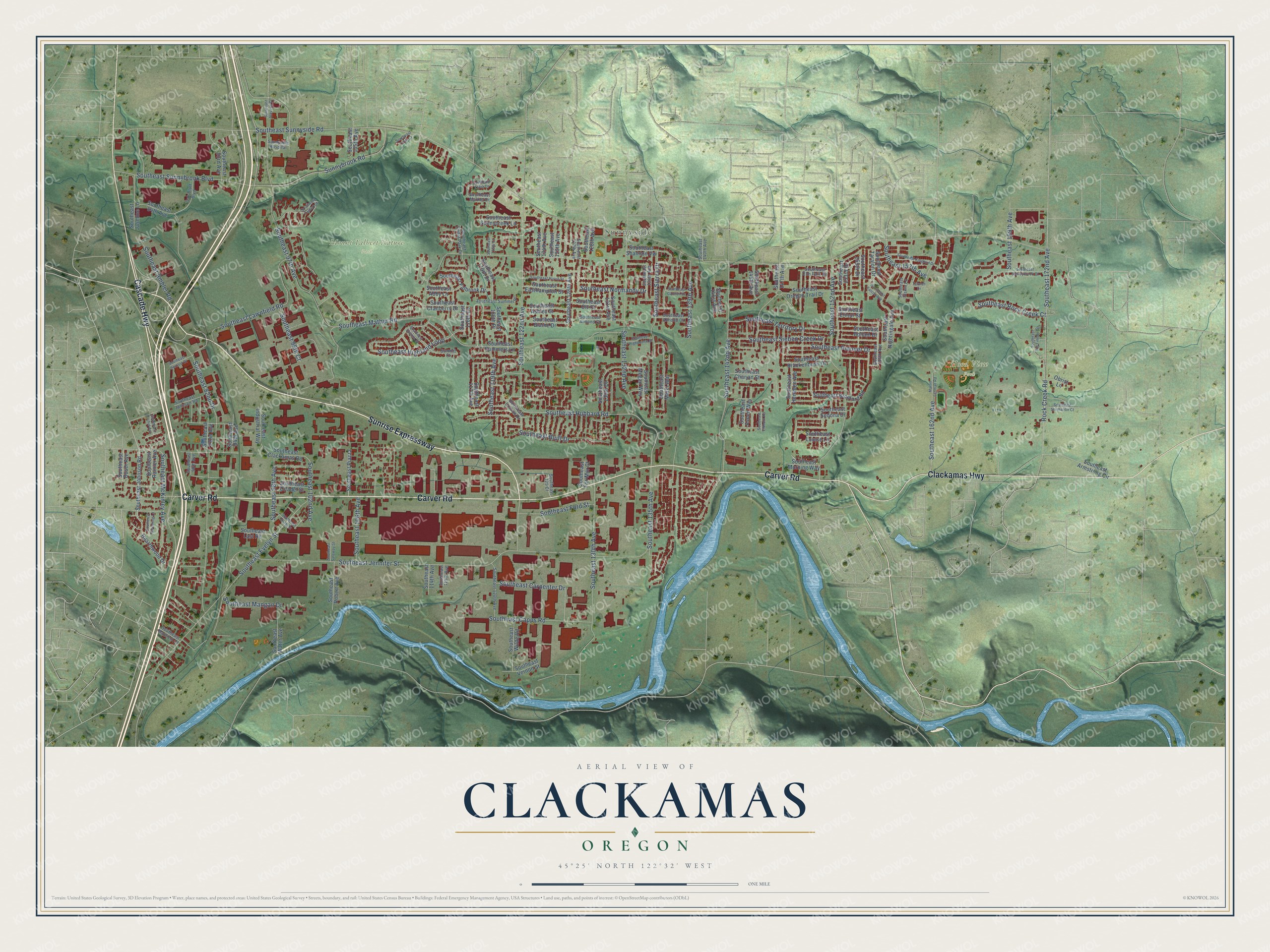Full map of Clackamas, Oregon, with red buildings, printed street names and the land around them