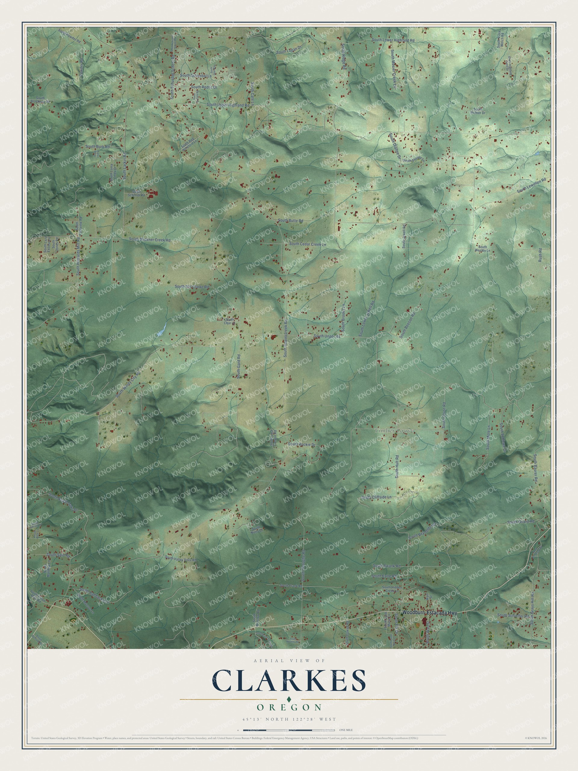 Full map of Clarkes, Oregon, with red buildings, printed street names and the land around them