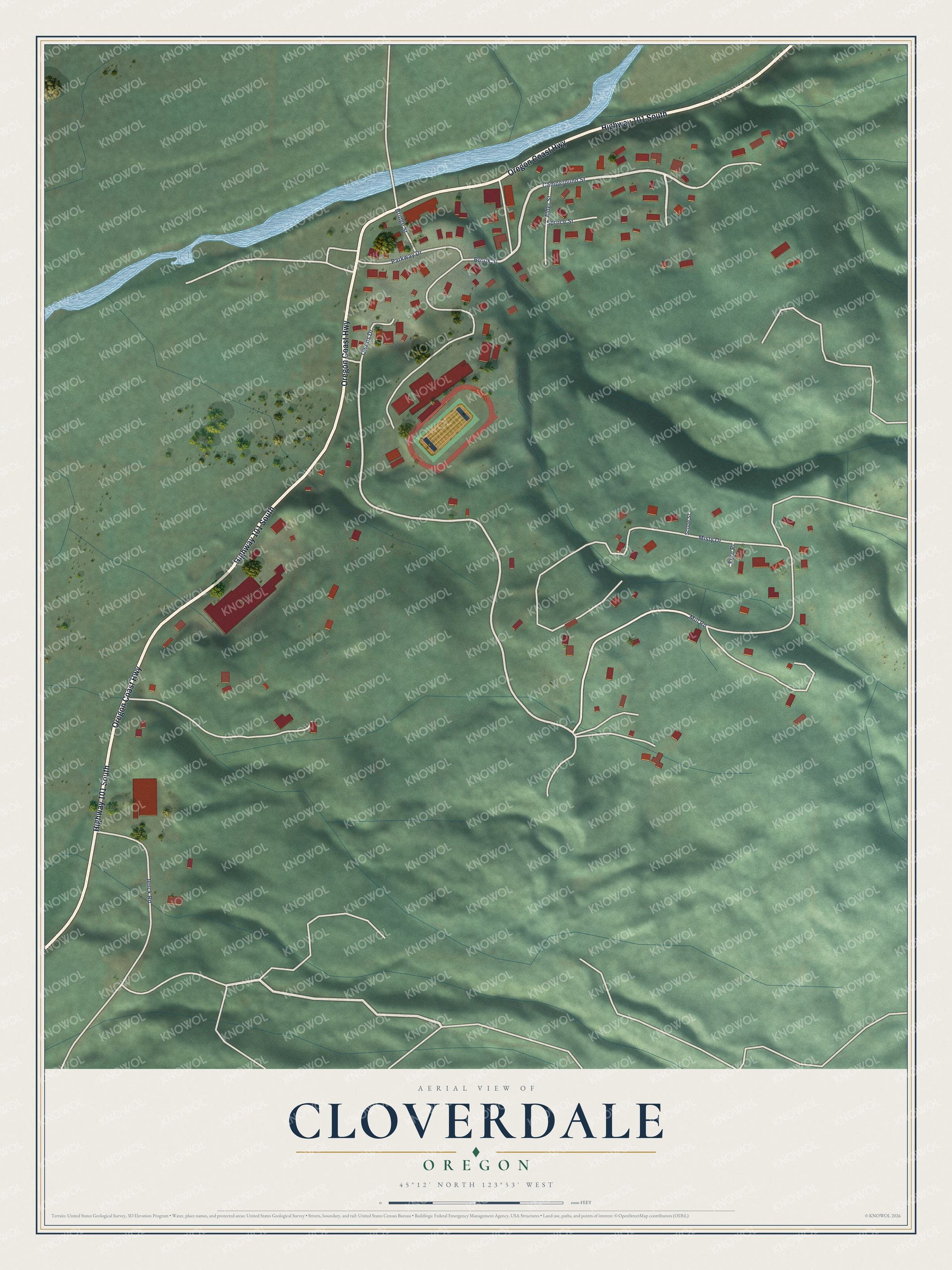 Full map of Cloverdale, Oregon, with red buildings, printed street names and the land around them