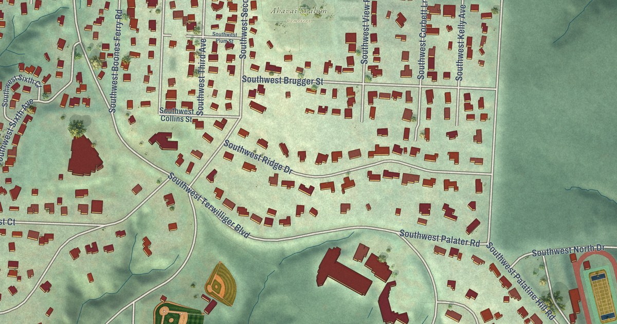 Close-up of streets and buildings in Collins View, Oregon