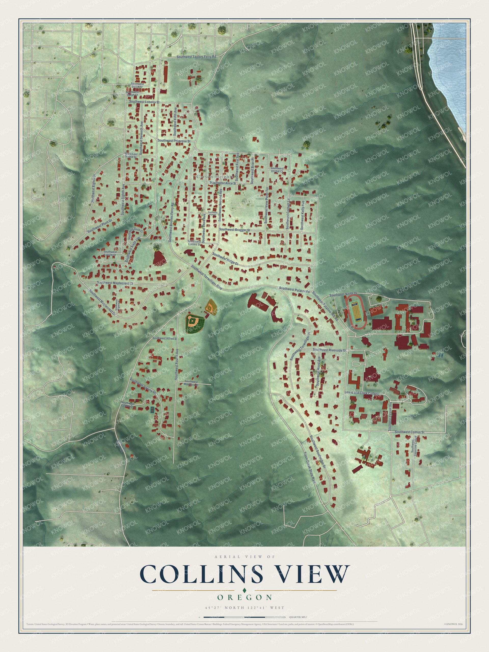 Full map of Collins View, Oregon, with red buildings, printed street names and the land around them