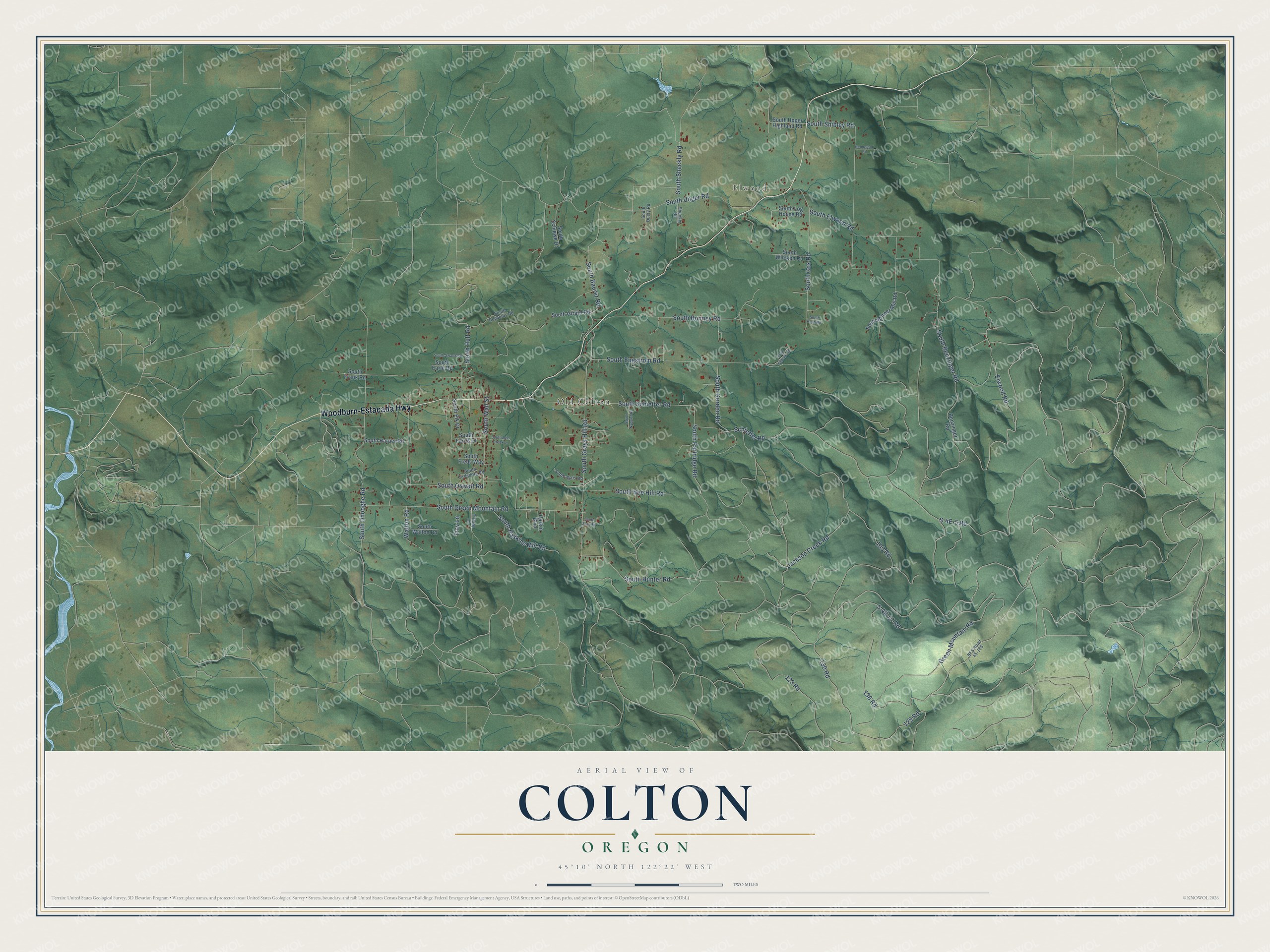 Full map of Colton, Oregon, with red buildings, printed street names and the land around them