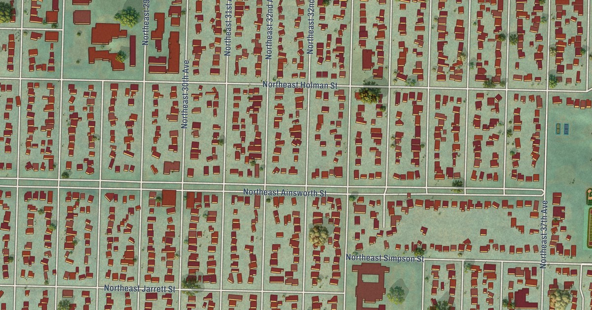 Close-up of streets and buildings in Concordia, Oregon