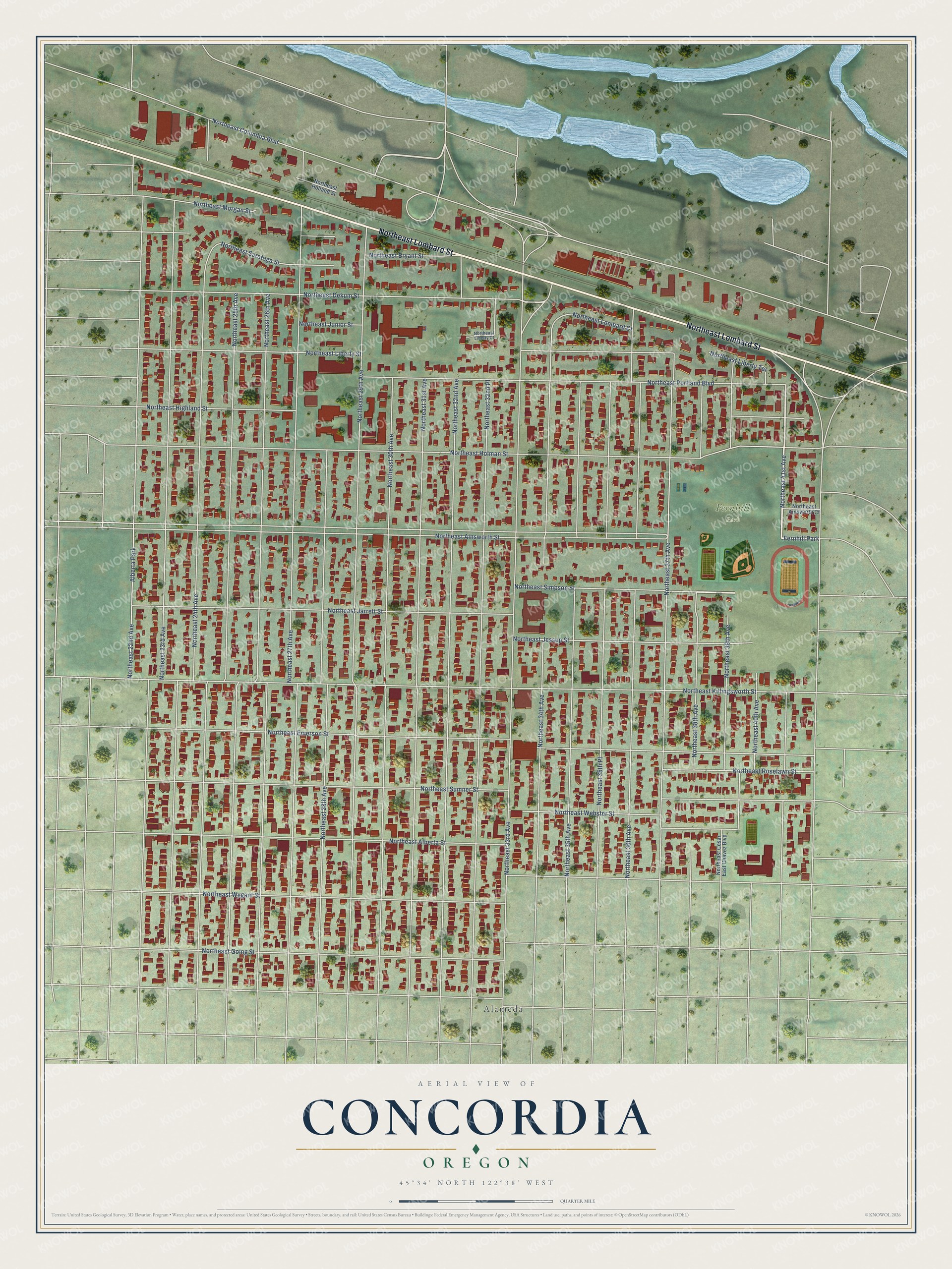 Full map of Concordia, Oregon, with red buildings, printed street names and the land around them