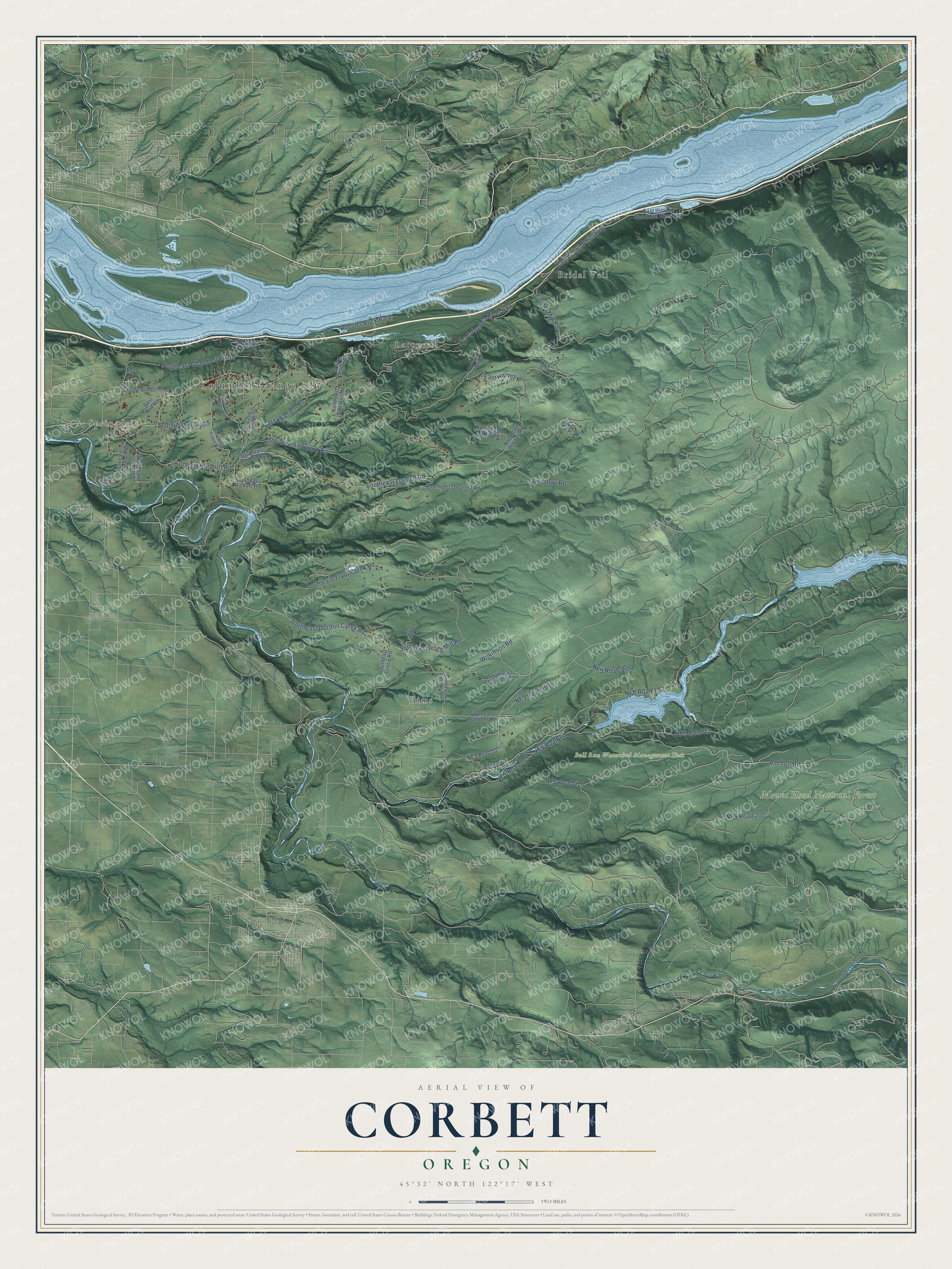 Full map of Corbett, Oregon, with red buildings, printed street names and the land around them
