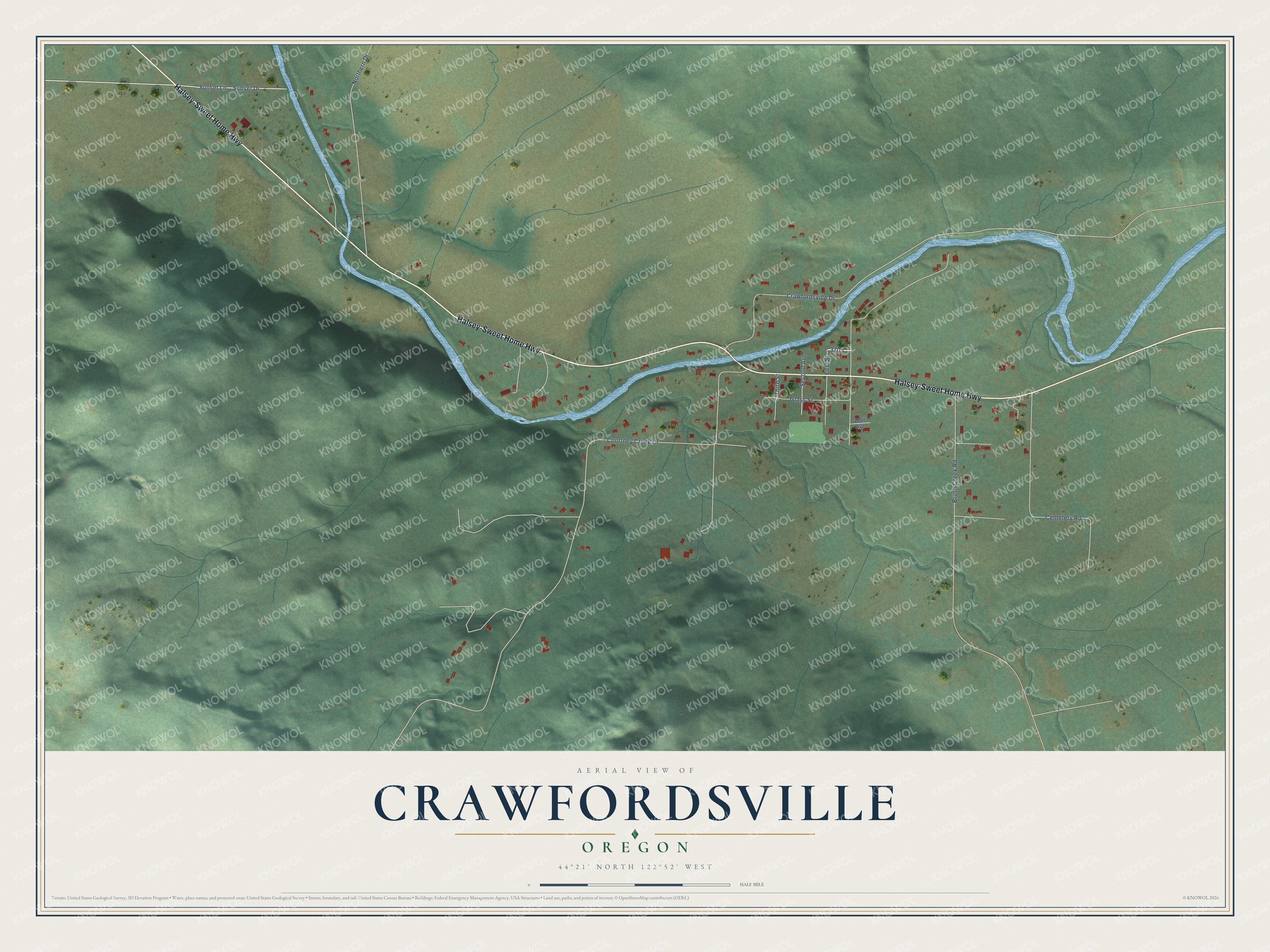 Full map of Crawfordsville, Oregon, with red buildings, printed street names and the land around them