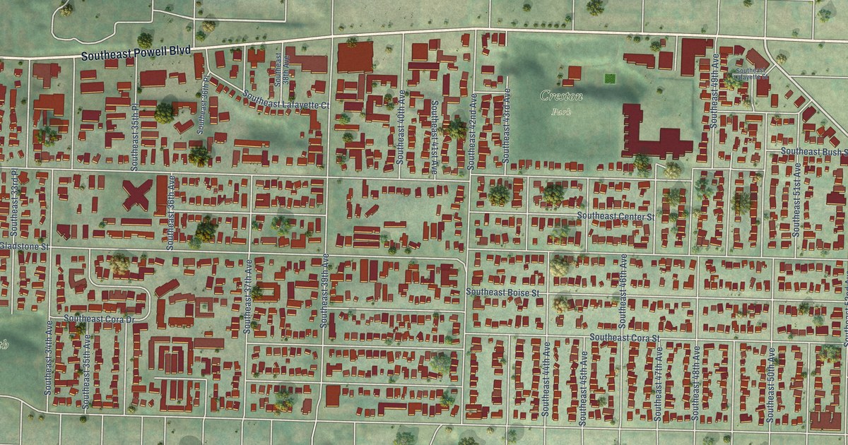 Close-up of streets and buildings in Creston-Kenilworth, Oregon