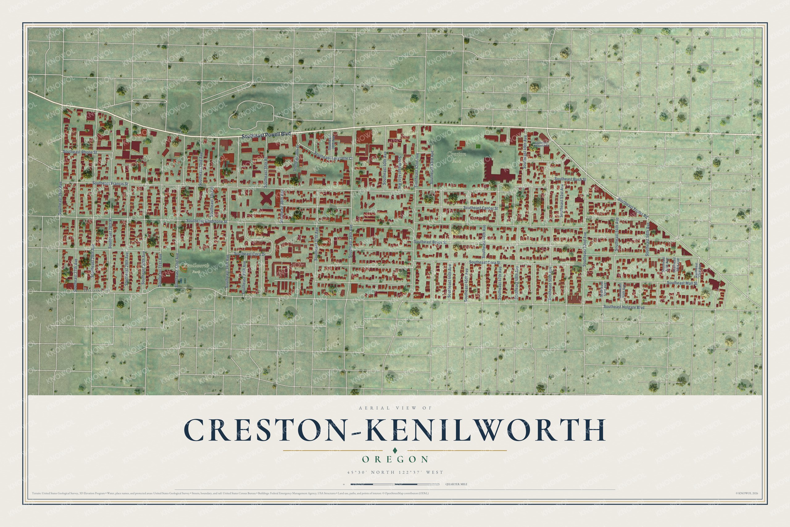 Full map of Creston-Kenilworth, Oregon, with red buildings, printed street names and the land around them