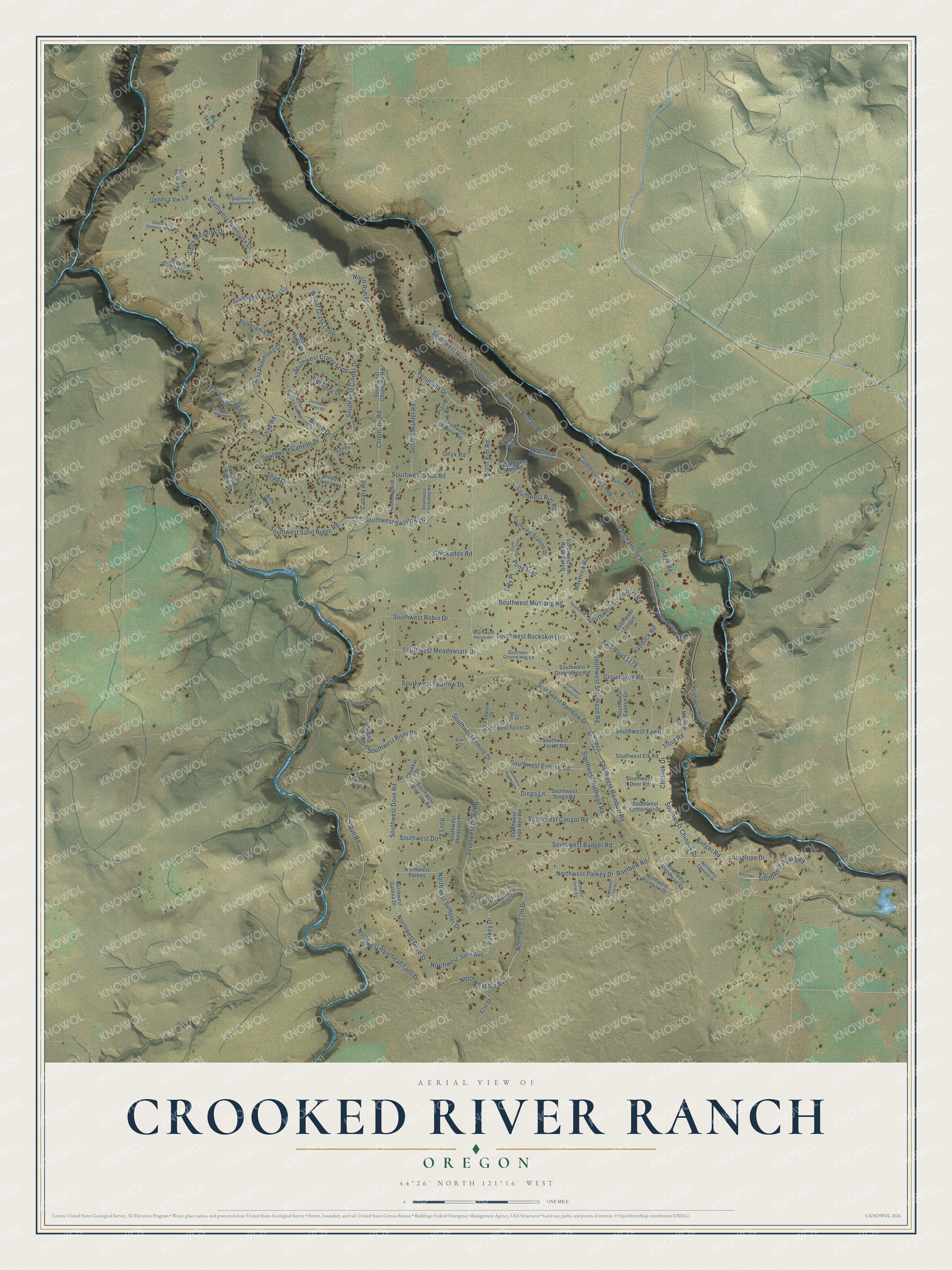 Full map of Crooked River Ranch, Oregon, with red buildings, printed street names and the land around them