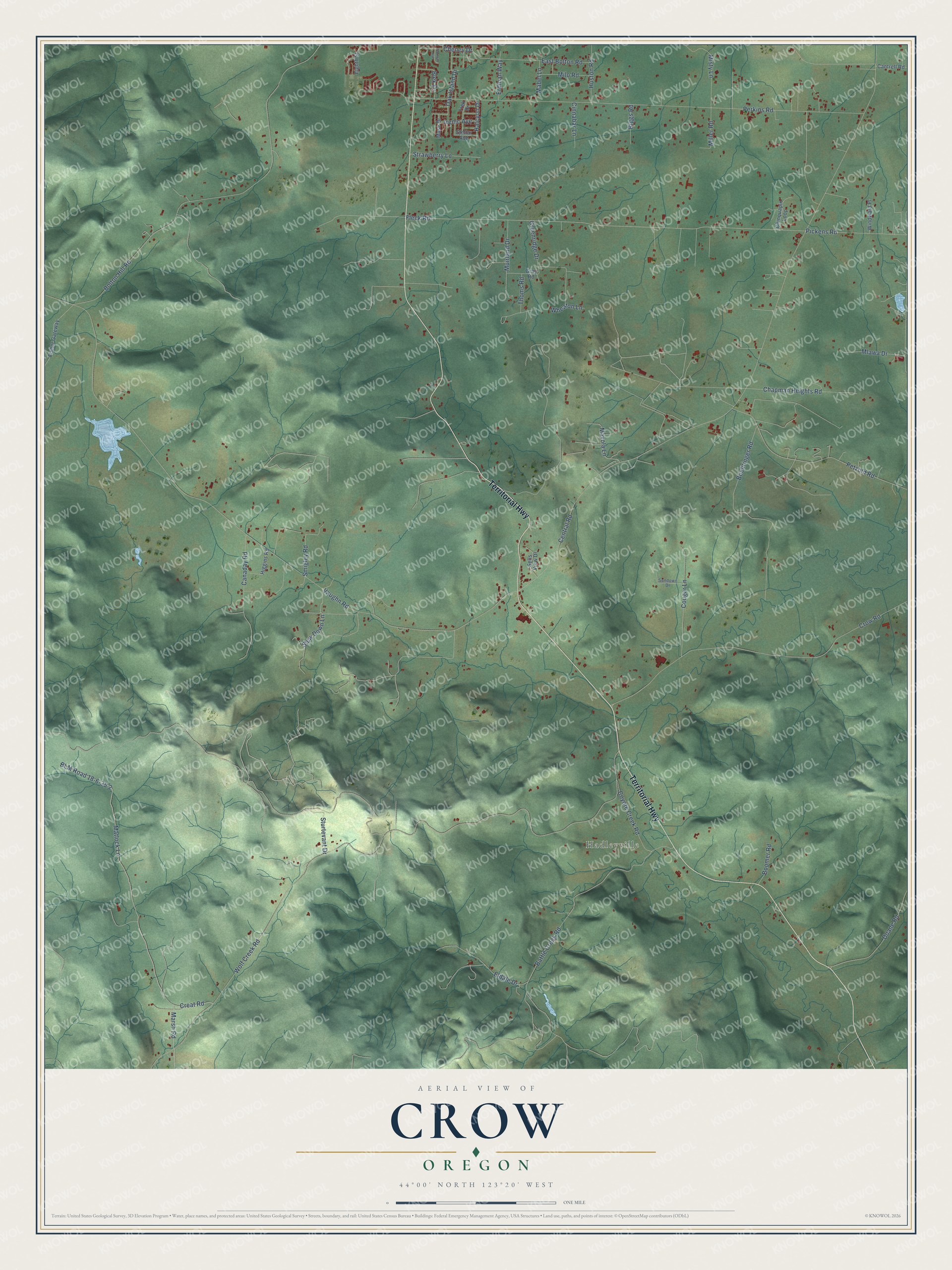 Full map of Crow, Oregon, with red buildings, printed street names and the land around them