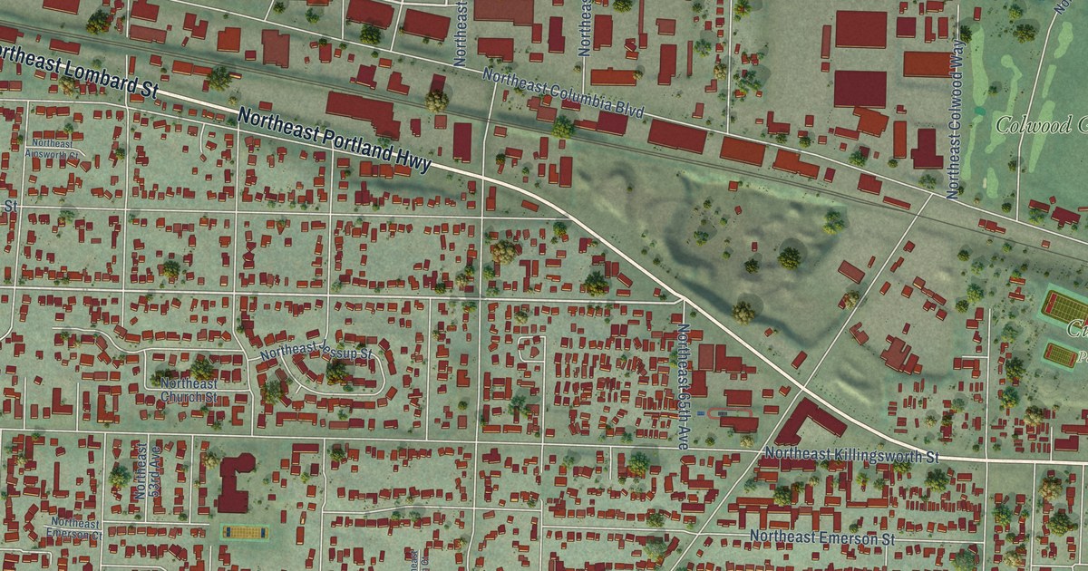 Close-up of streets and buildings in Cully, Oregon