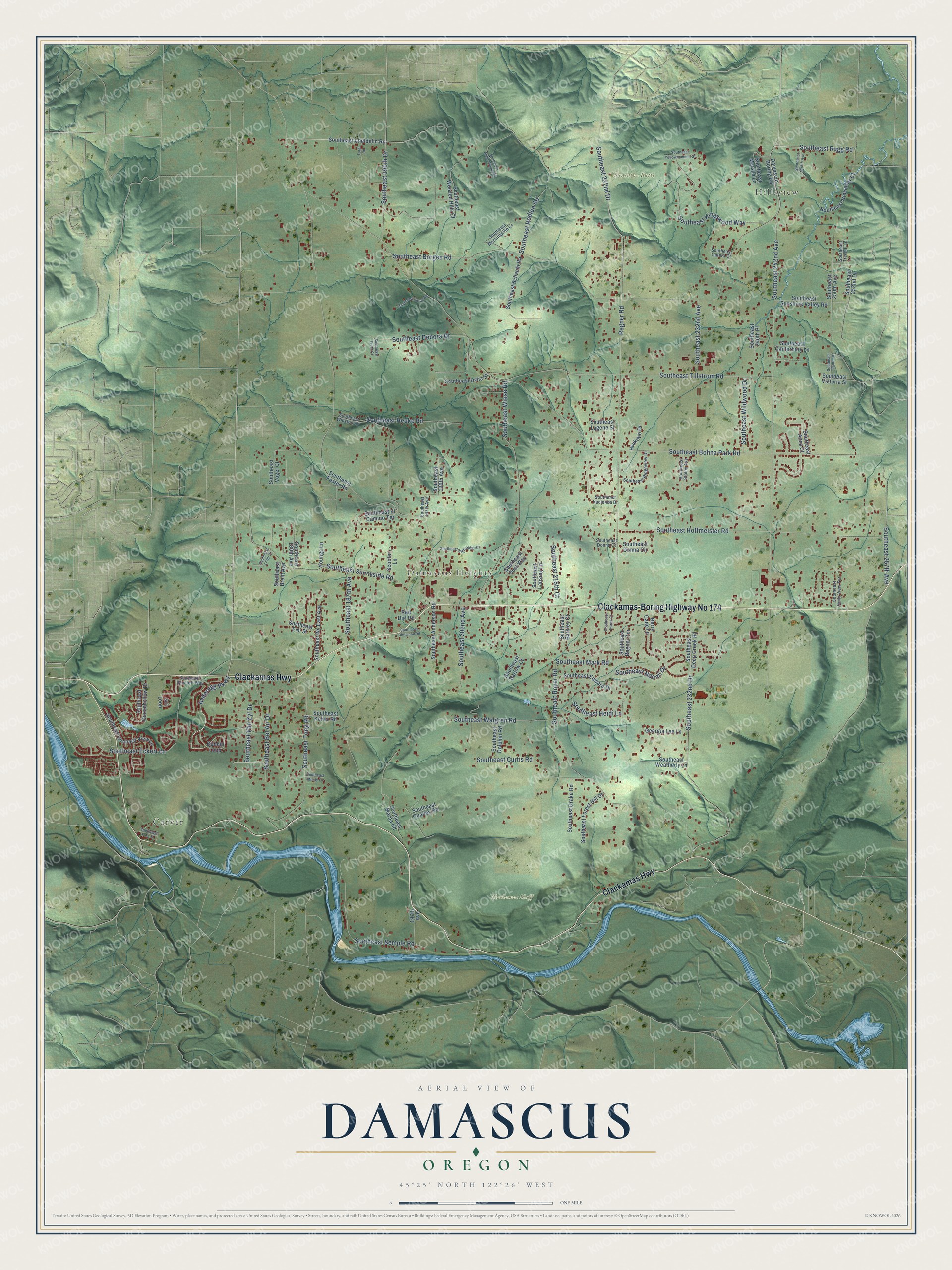 Full map of Damascus, Oregon, with red buildings, printed street names and the land around them