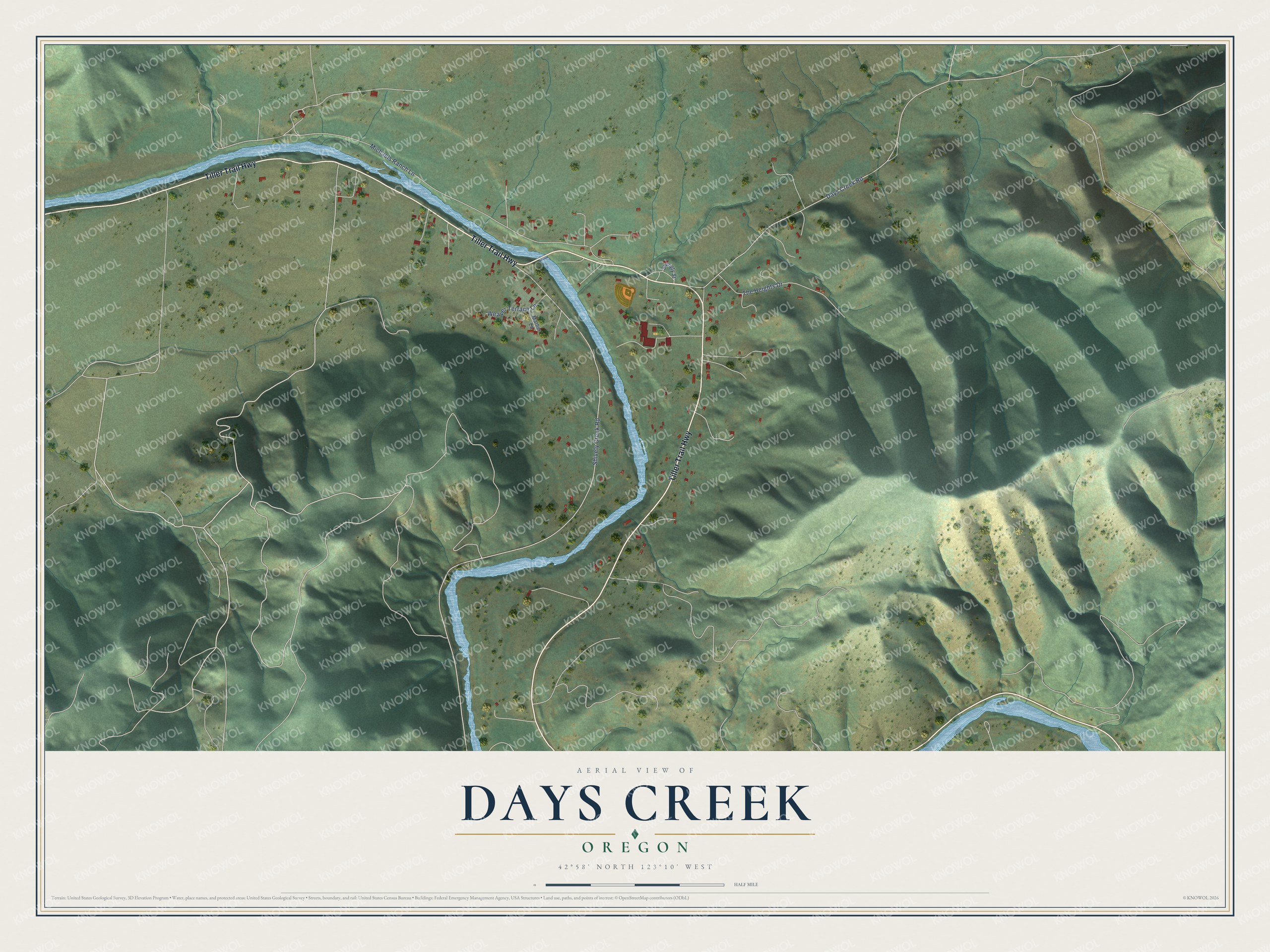 Full map of Days Creek, Oregon, with red buildings, printed street names and the land around them