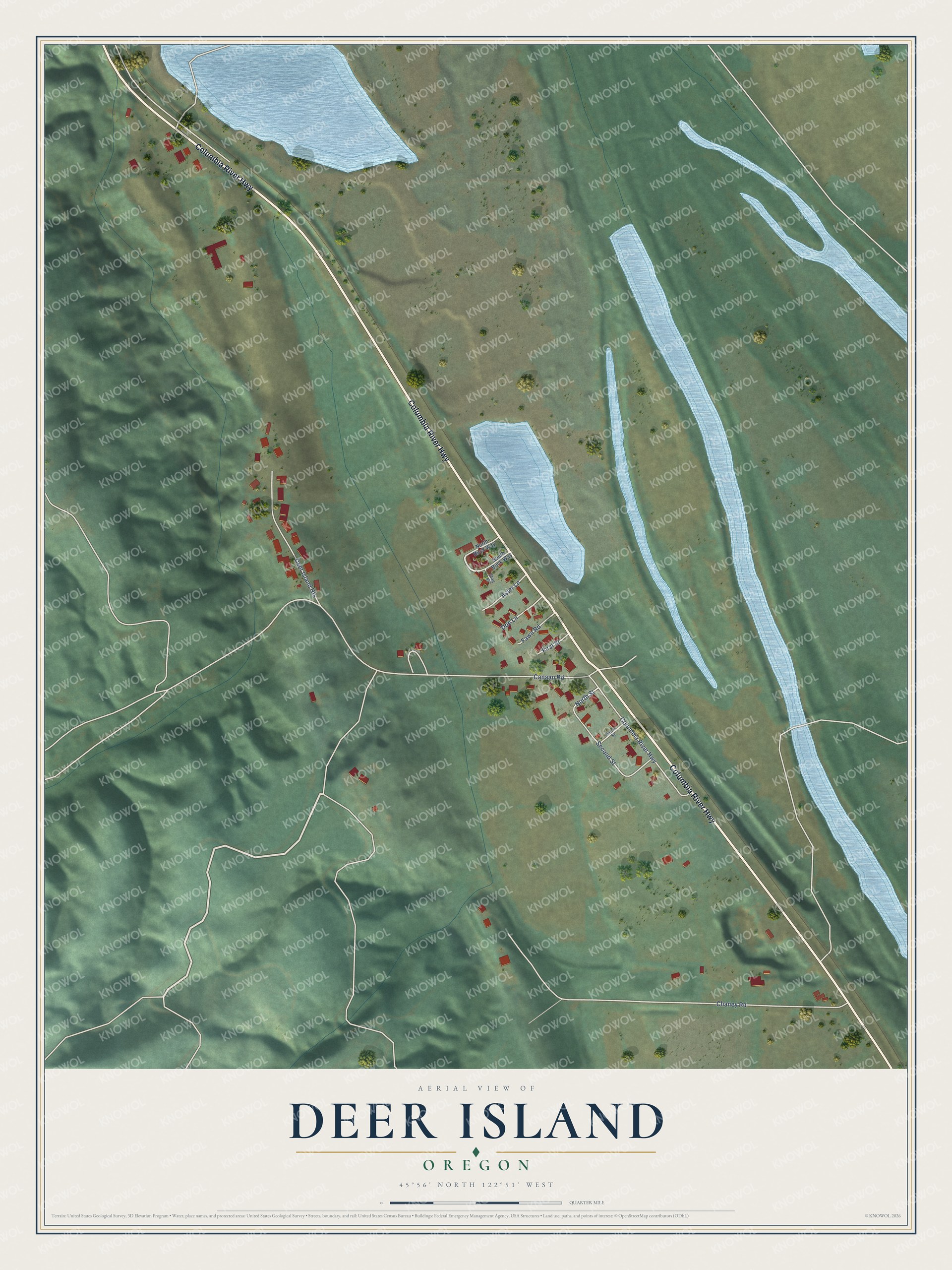 Full map of Deer Island, Oregon, with red buildings, printed street names and the land around them
