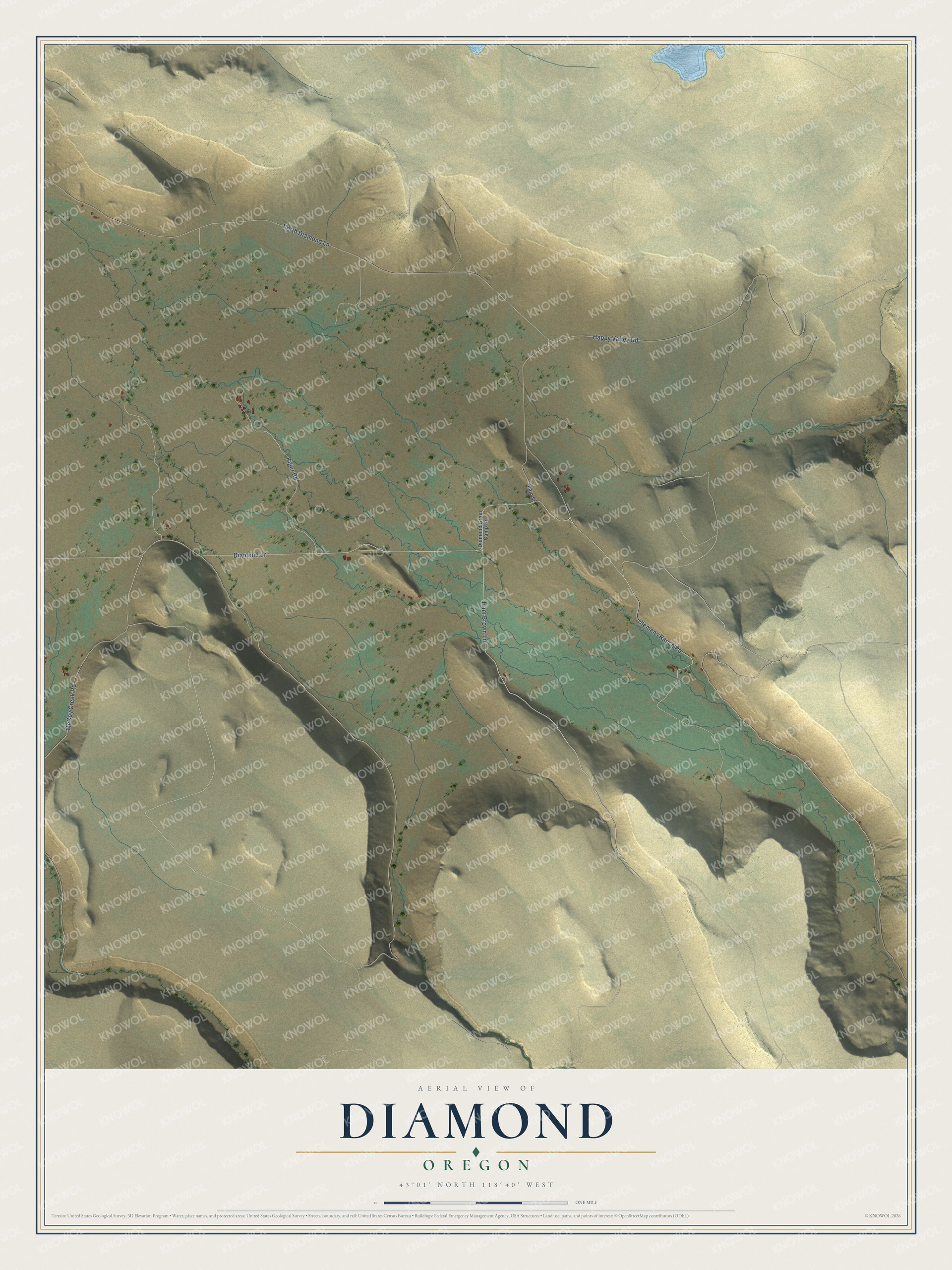 Full map of Diamond, Oregon, with red buildings, printed street names and the land around them