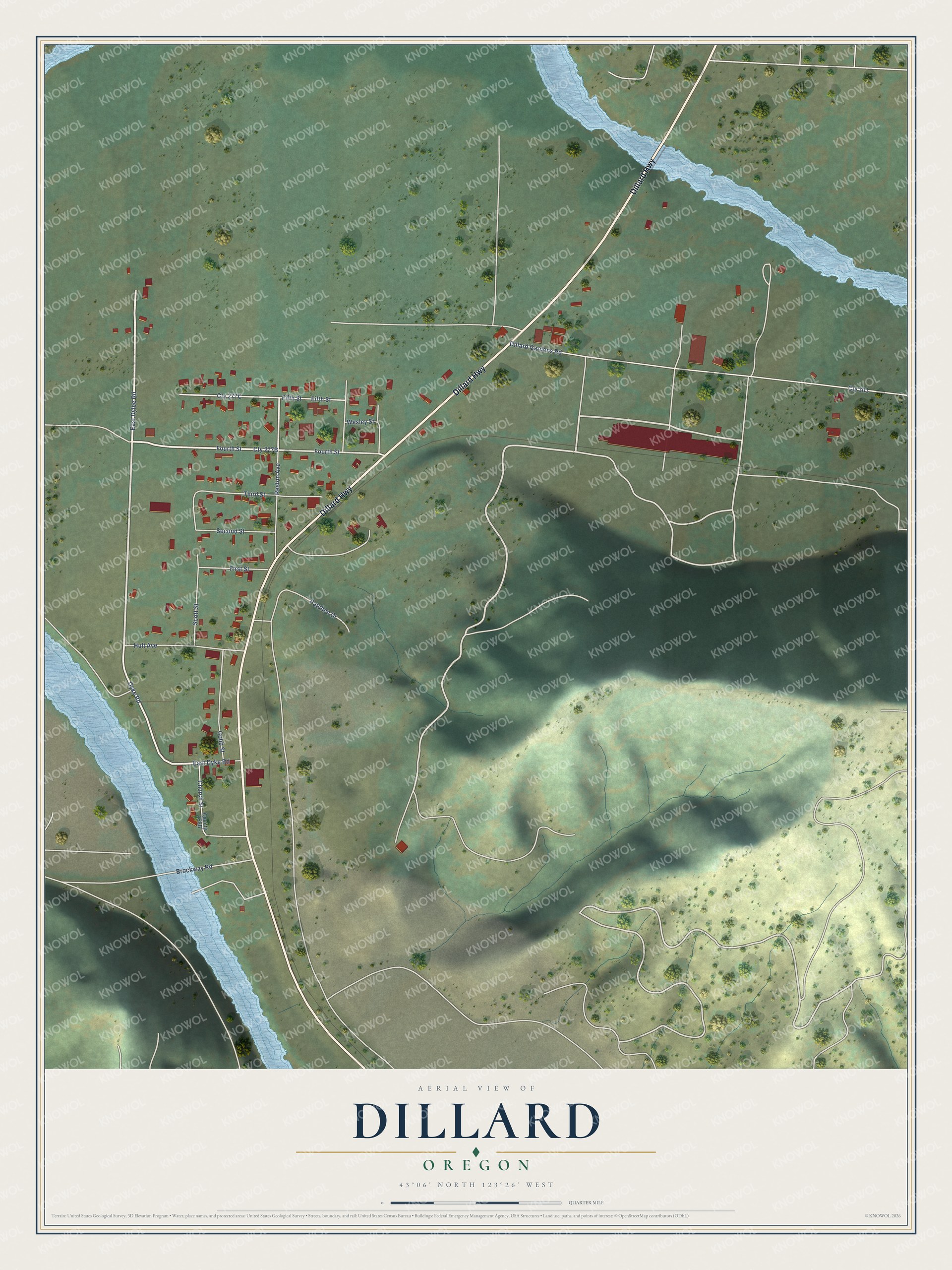 Full map of Dillard, Oregon, with red buildings, printed street names and the land around them