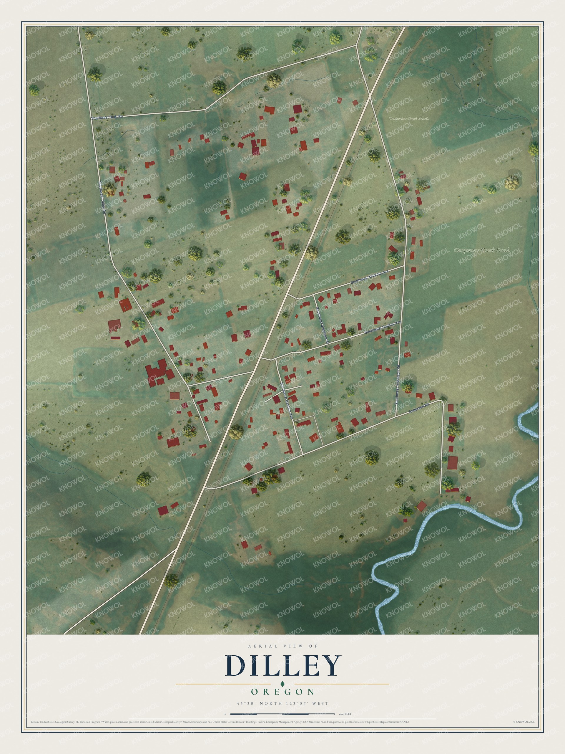 Full map of Dilley, Oregon, with red buildings, printed street names and the land around them