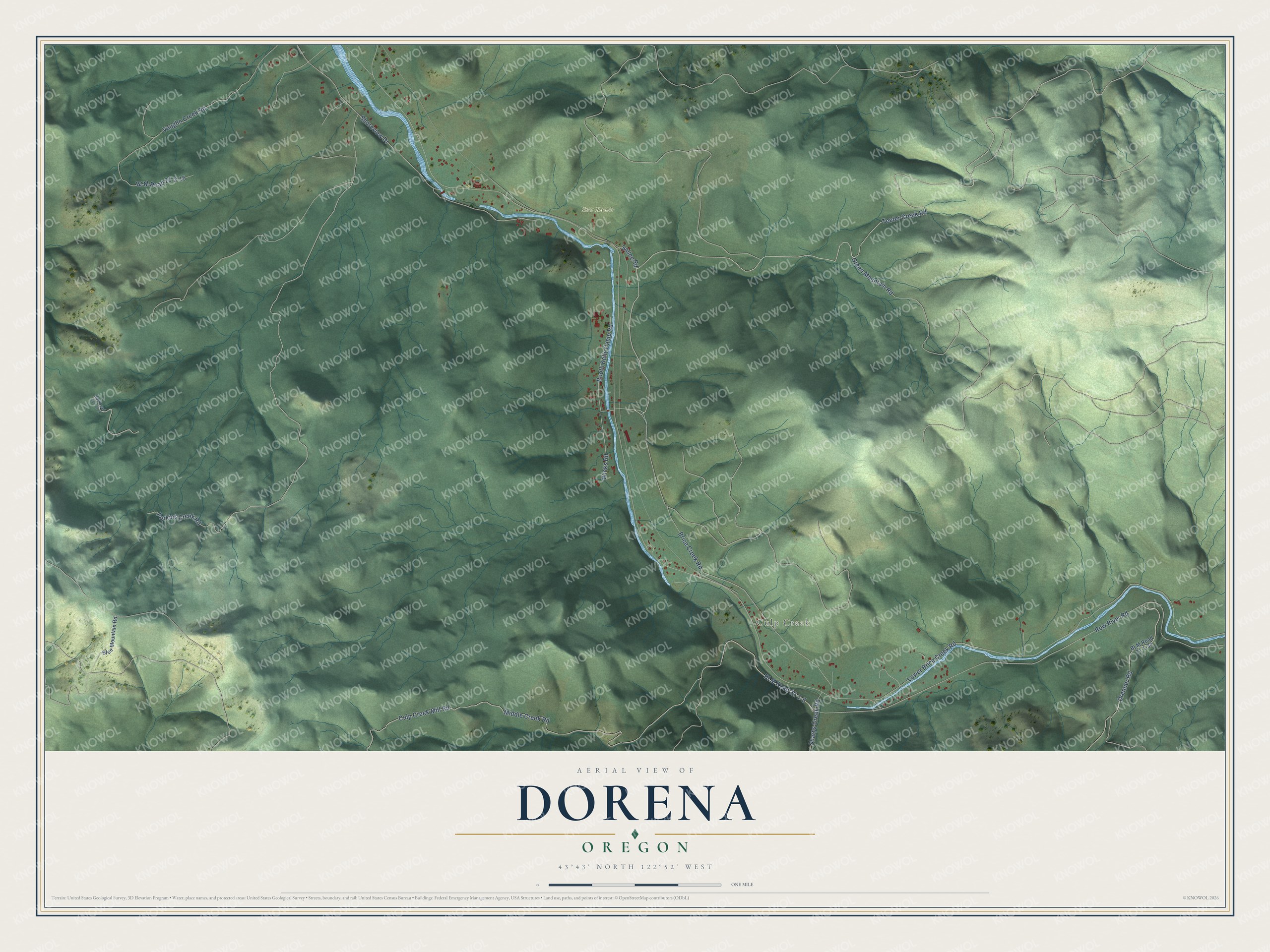 Full map of Dorena, Oregon, with red buildings, printed street names and the land around them
