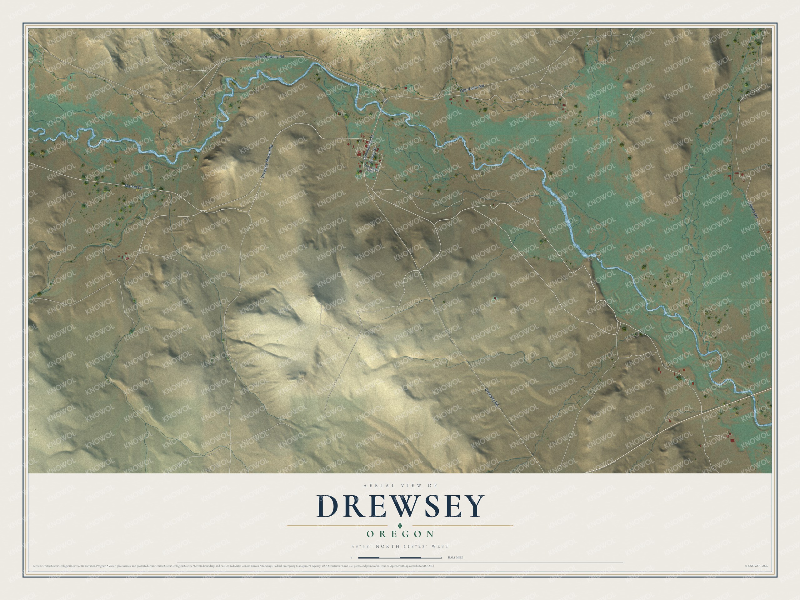 Full map of Drewsey, Oregon, with red buildings, printed street names and the land around them