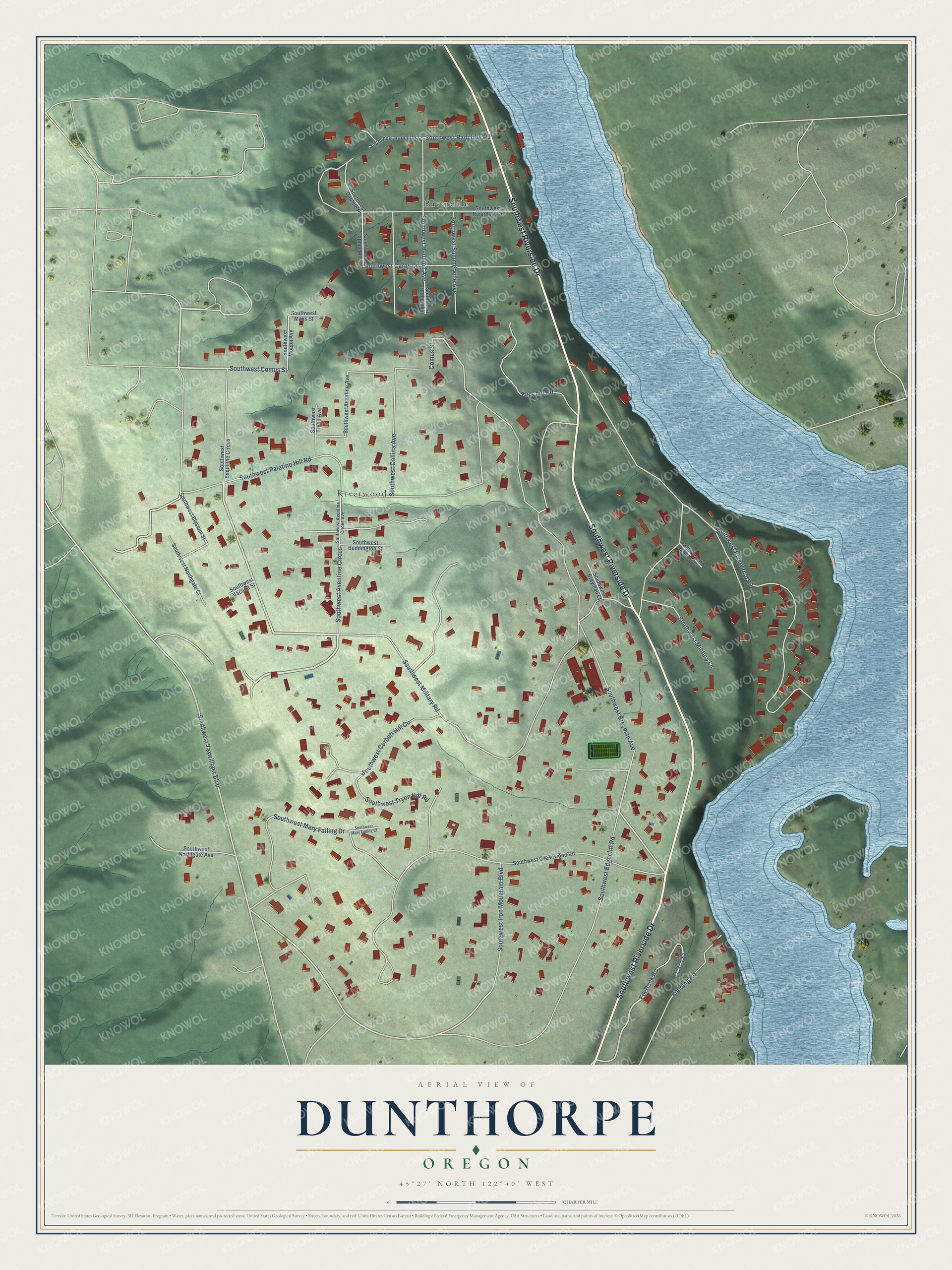 Full map of Dunthorpe, Oregon, with red buildings, printed street names and the land around them