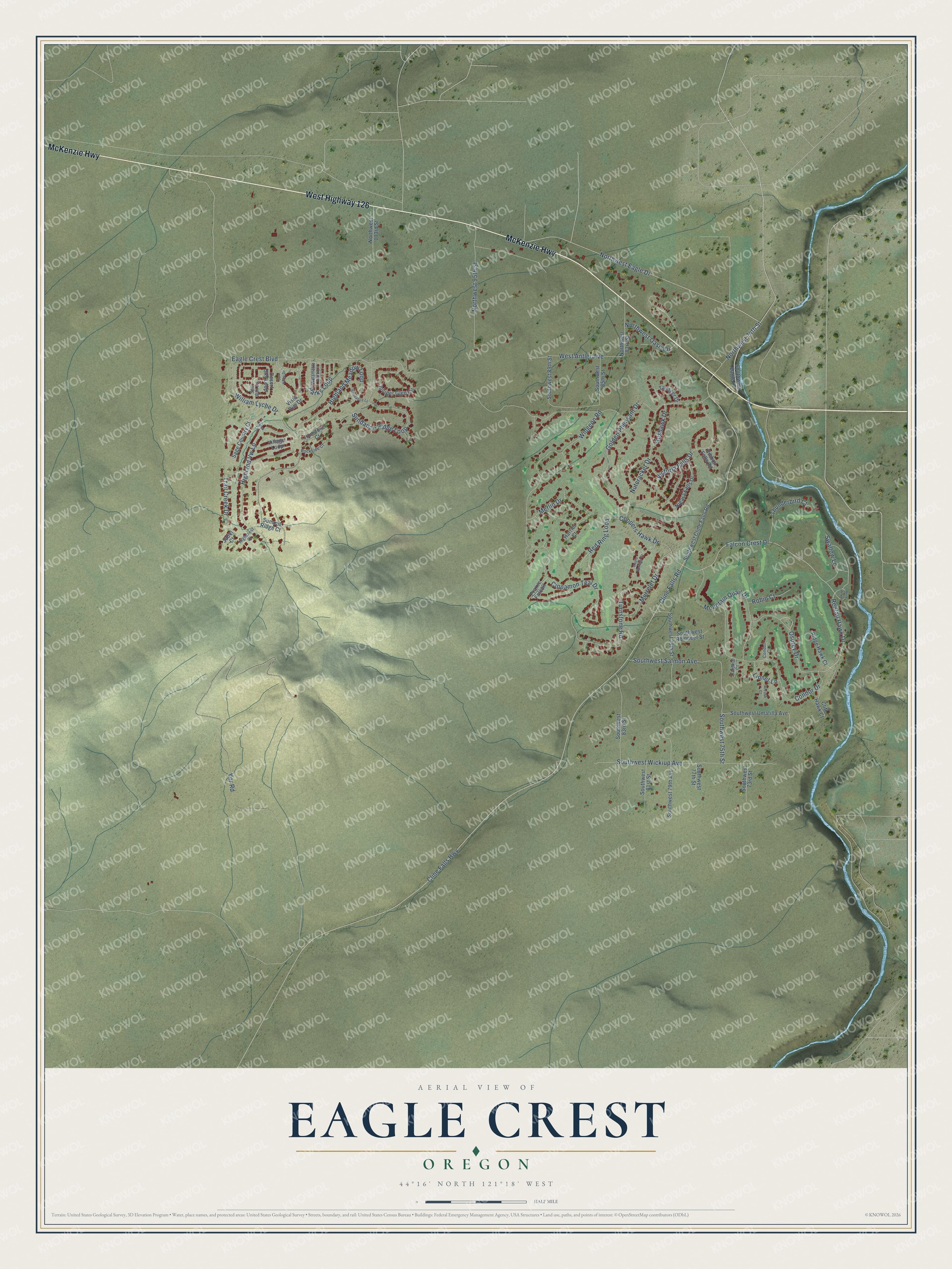 Full map of Eagle Crest, Oregon, with red buildings, printed street names and the land around them