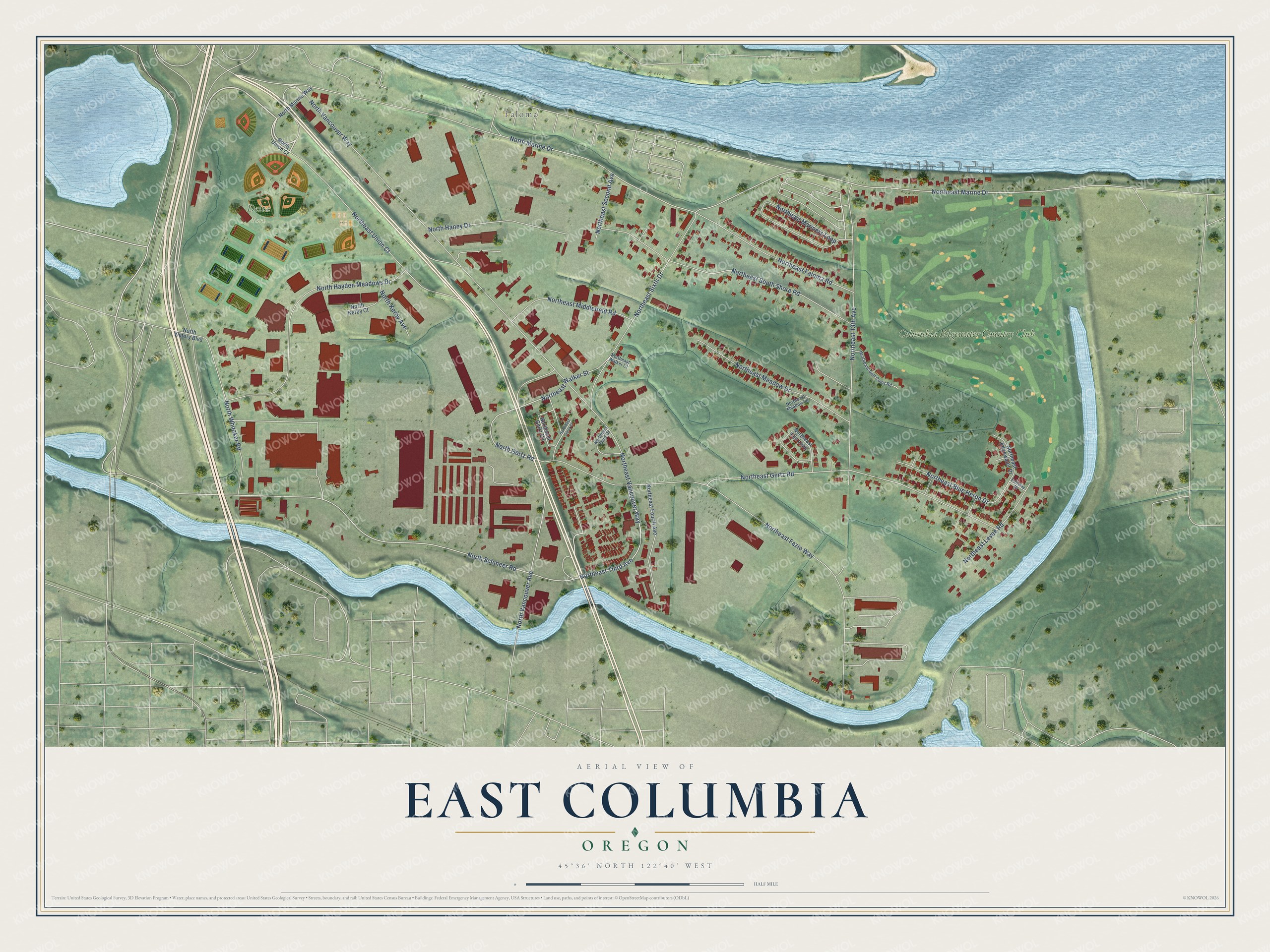 Full map of East Columbia, Oregon, with red buildings, printed street names and the land around them