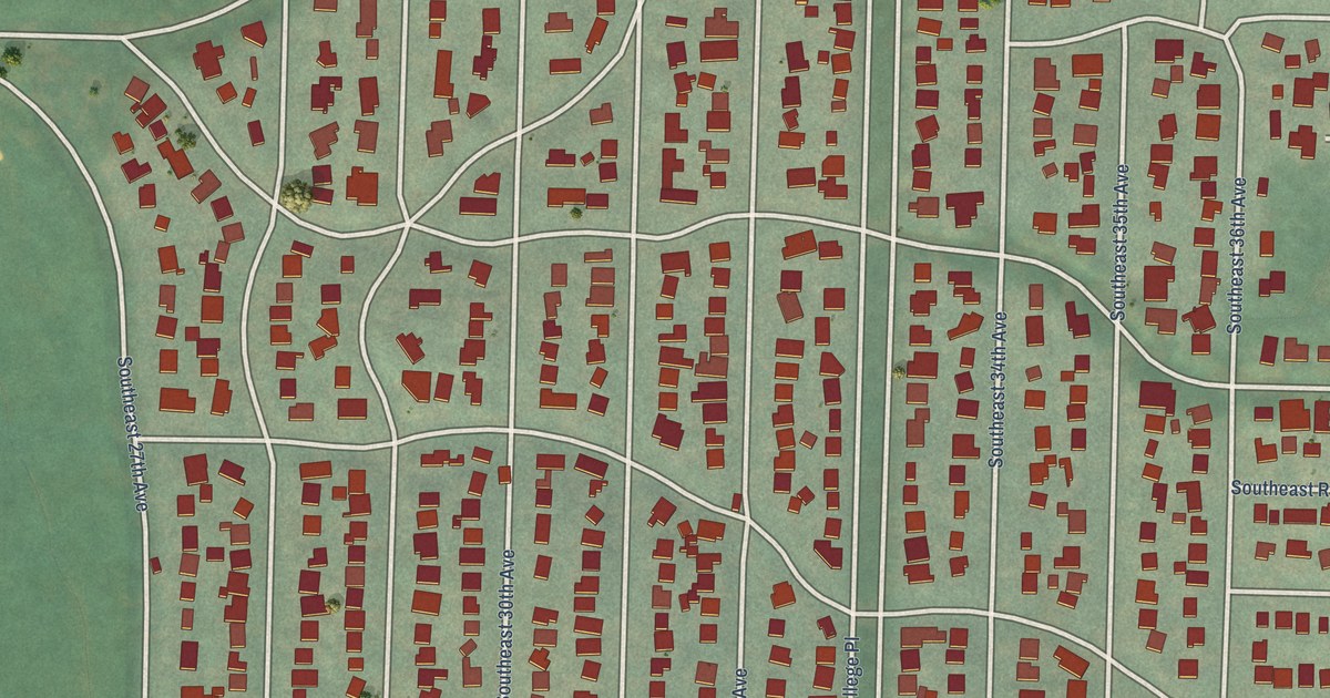 Close-up of streets and buildings in Eastmoreland, Oregon