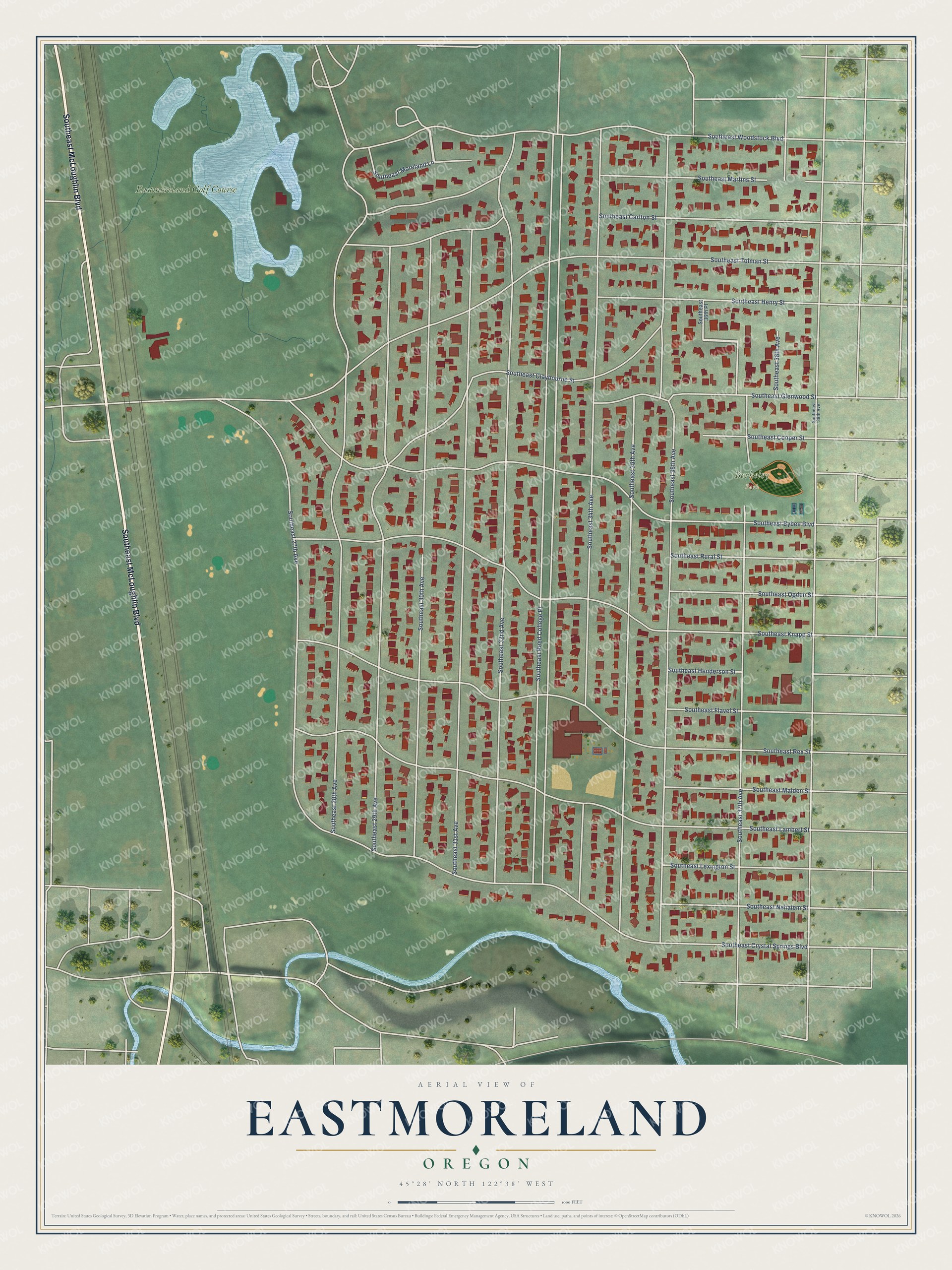 Full map of Eastmoreland, Oregon, with red buildings, printed street names and the land around them