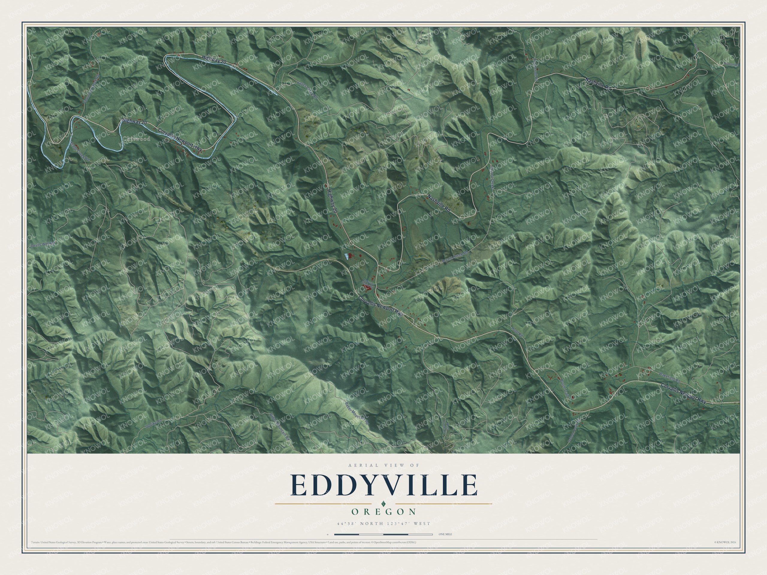 Full map of Eddyville, Oregon, with red buildings, printed street names and the land around them