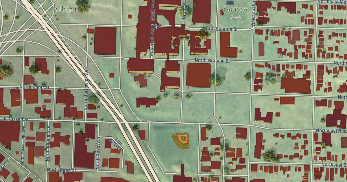 Close-up of streets and buildings in Eliot, Oregon