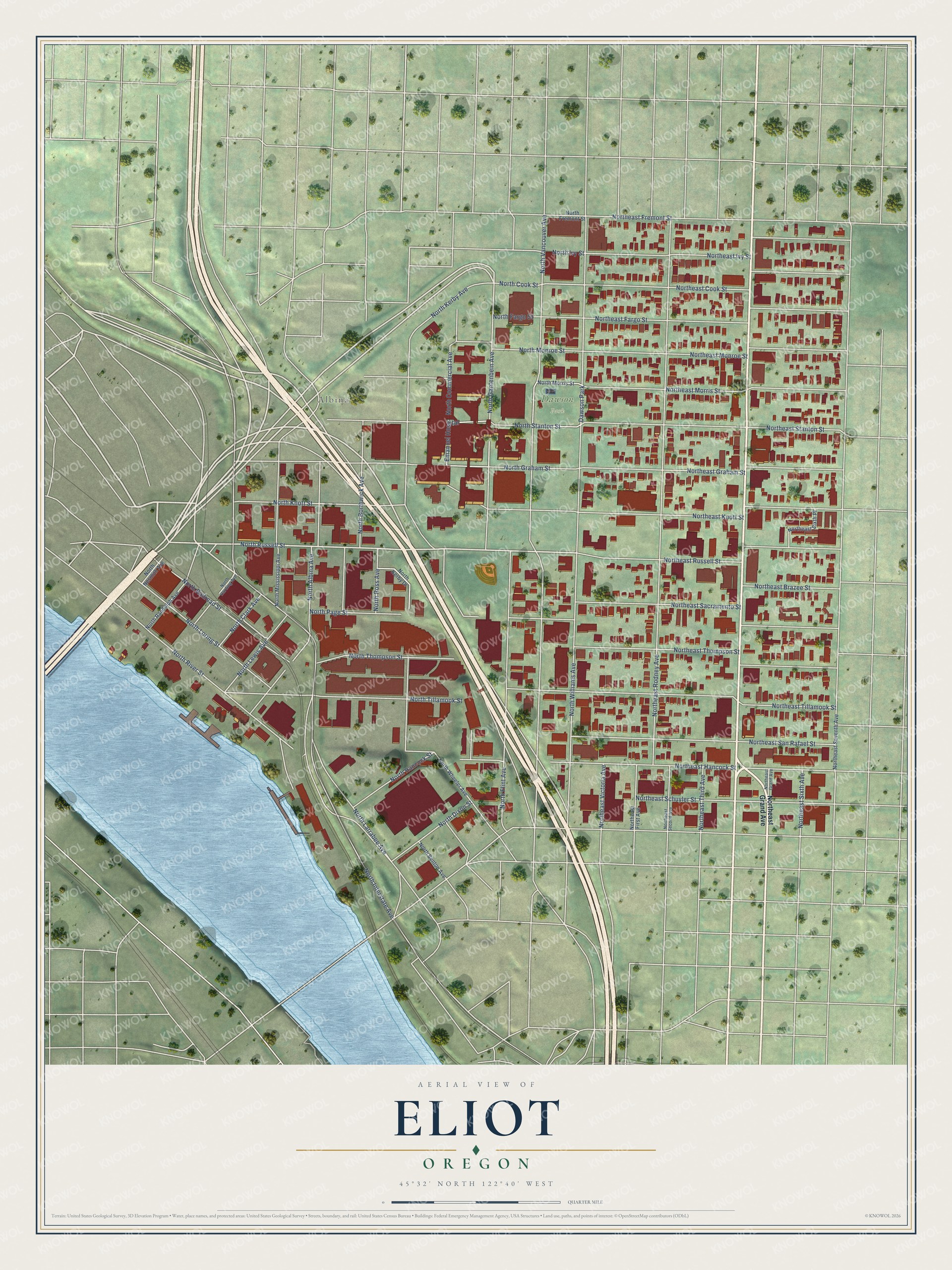 Full map of Eliot, Oregon, with red buildings, printed street names and the land around them