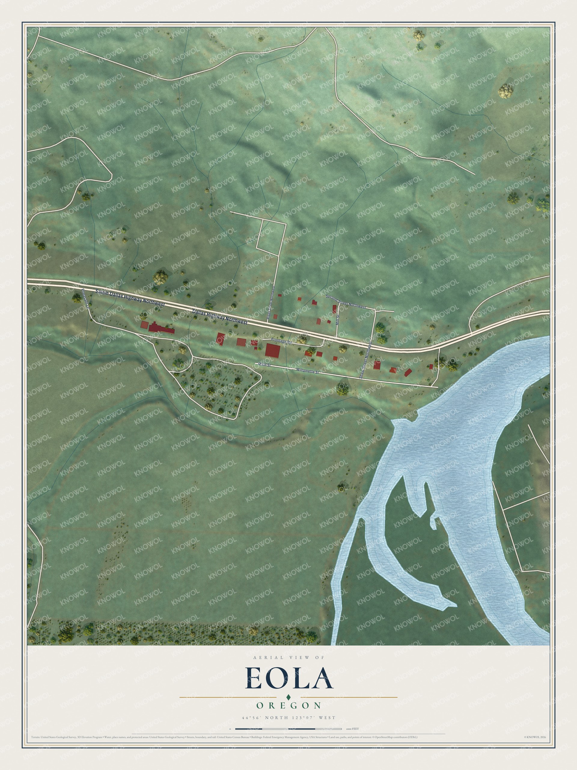 Full map of Eola, Oregon, with red buildings, printed street names and the land around them