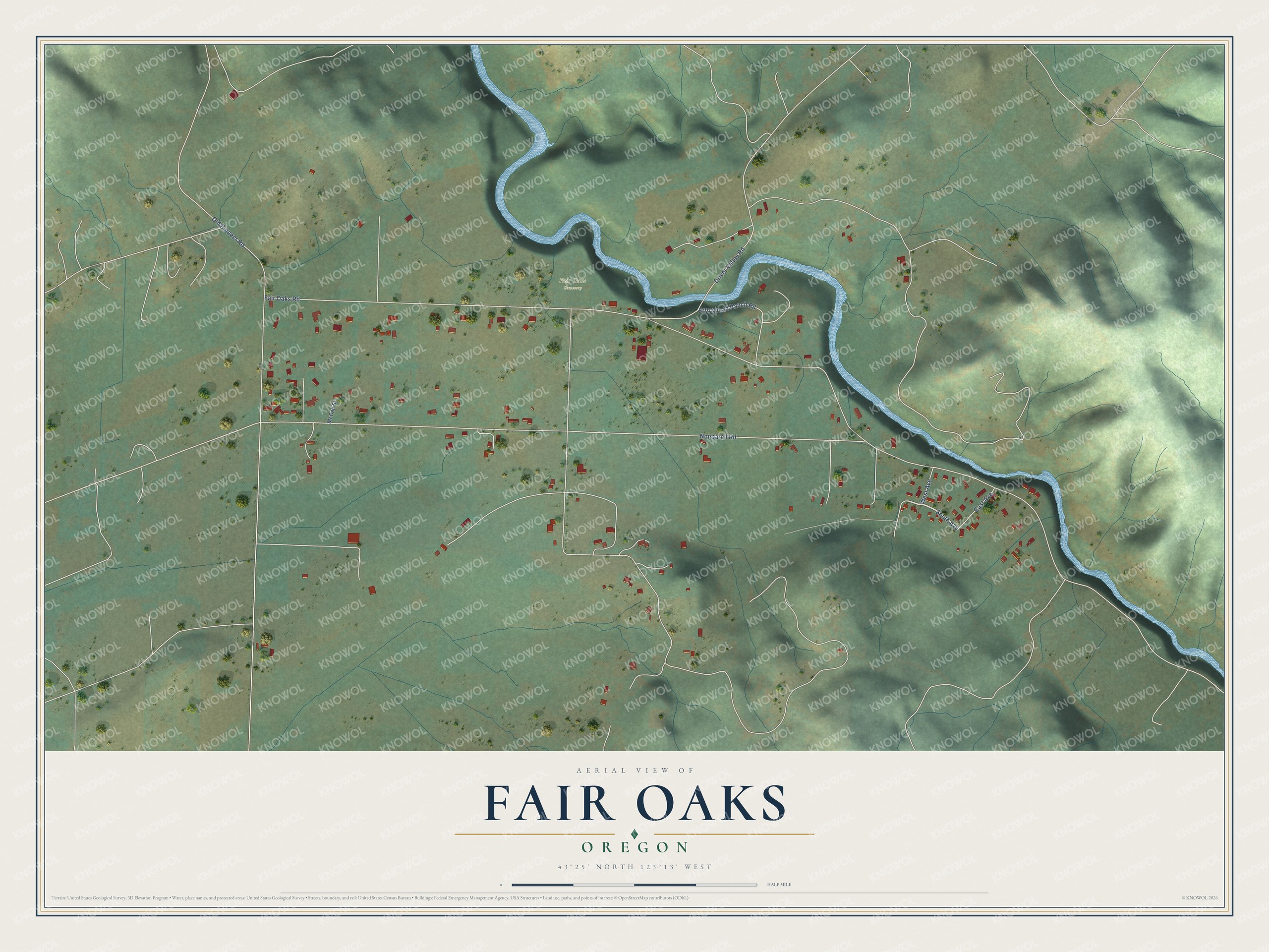 Full map of Fair Oaks, Oregon, with red buildings, printed street names and the land around them