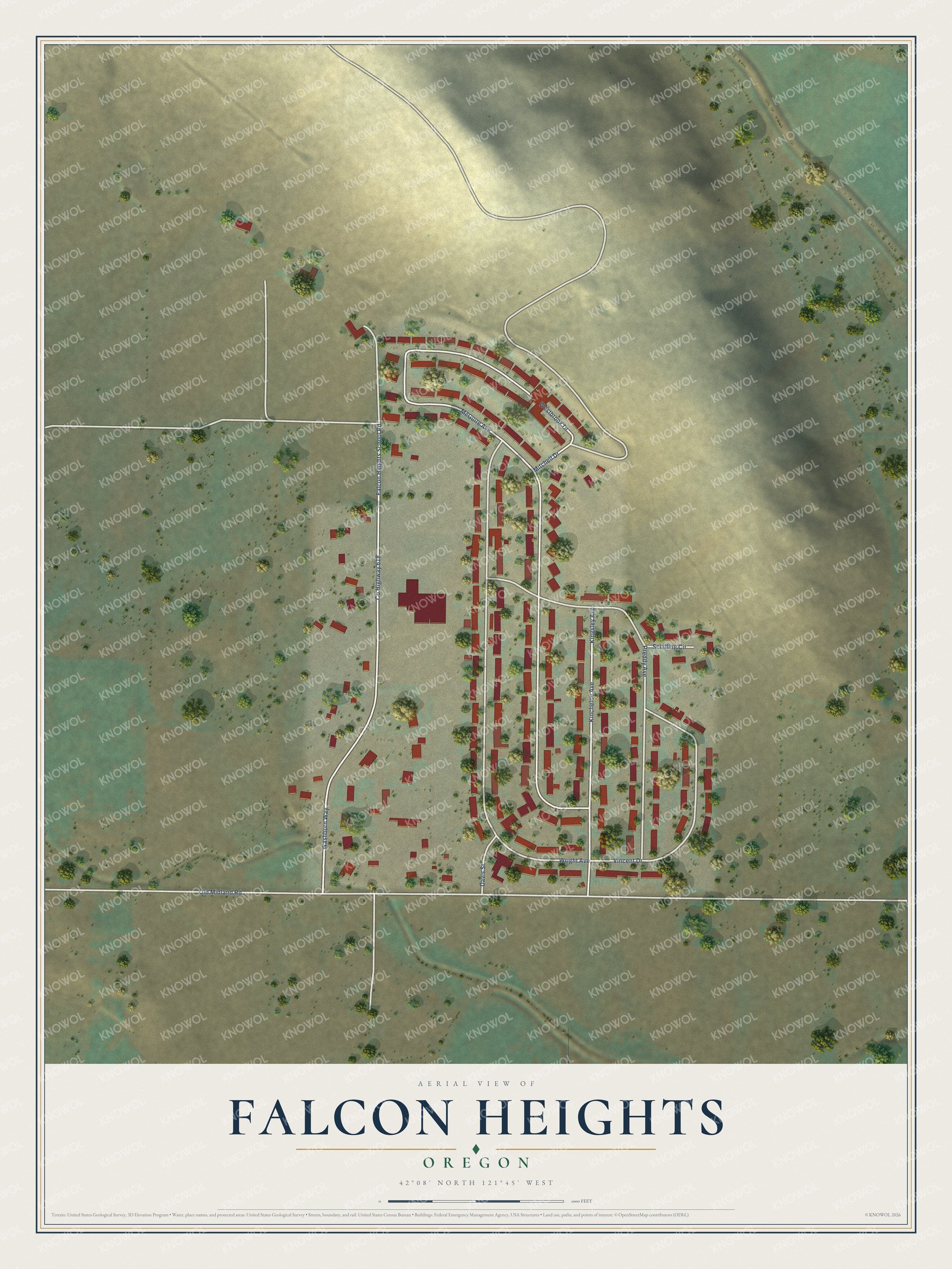 Full map of Falcon Heights, Oregon, with red buildings, printed street names and the land around them