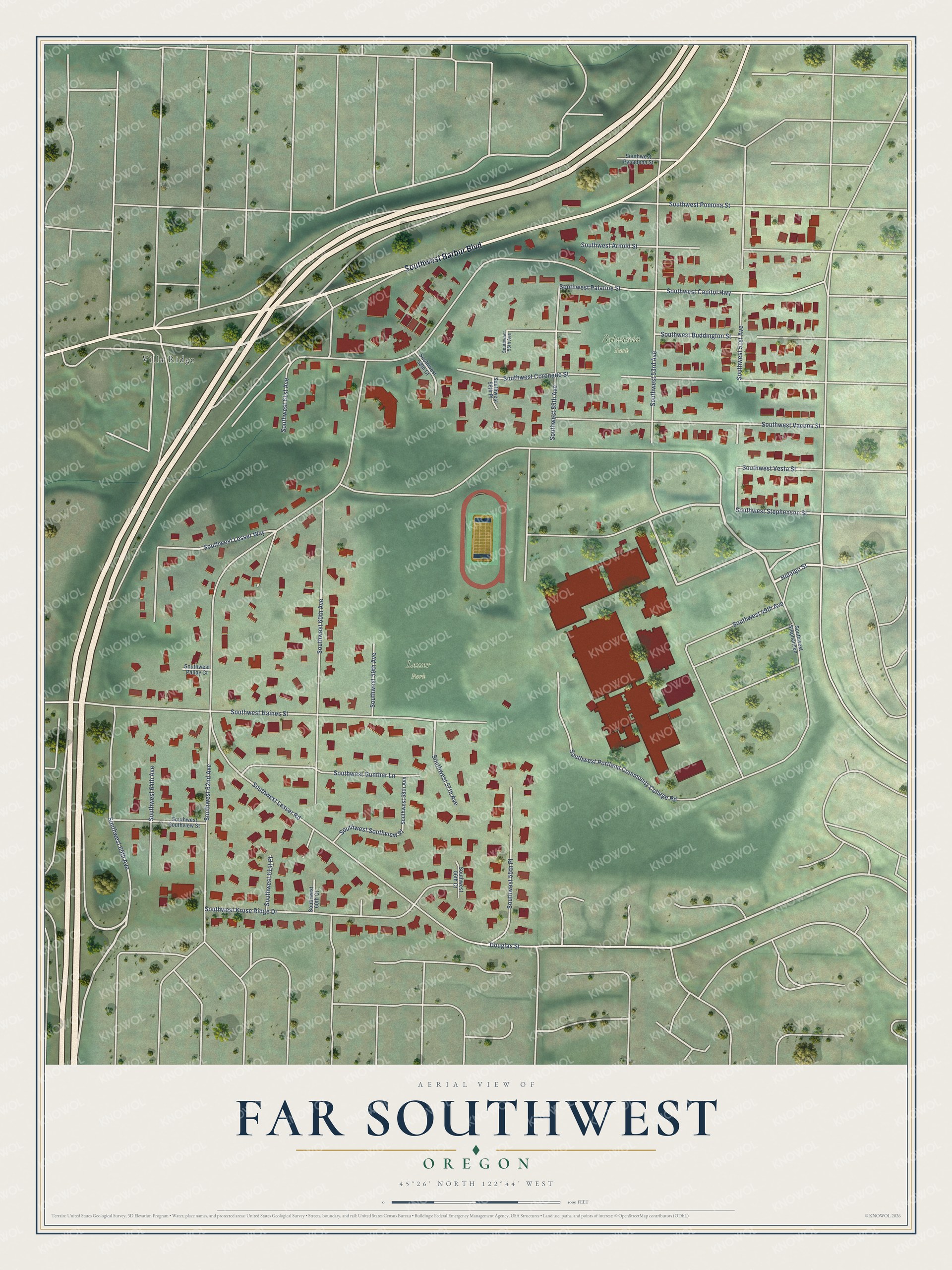 Full map of Far Southwest, Oregon, with red buildings, printed street names and the land around them