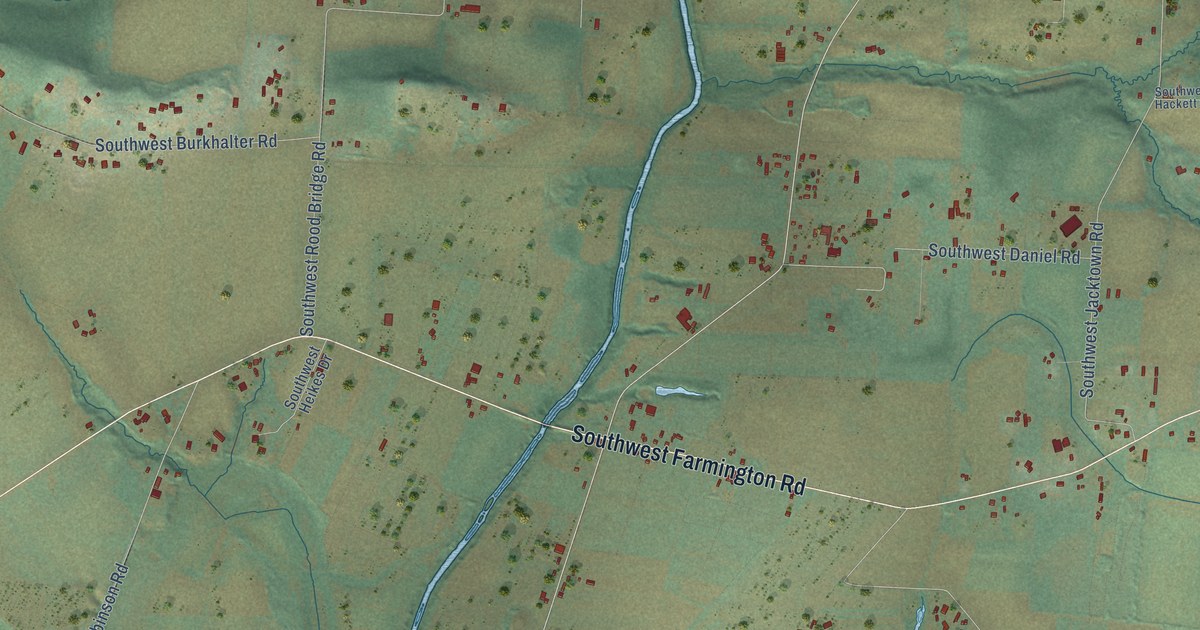 Close-up of streets and buildings in Farmington, Oregon