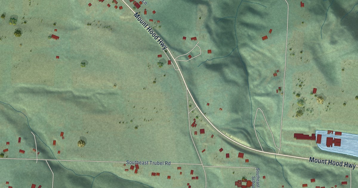 Close-up of streets and buildings in Firwood, Oregon