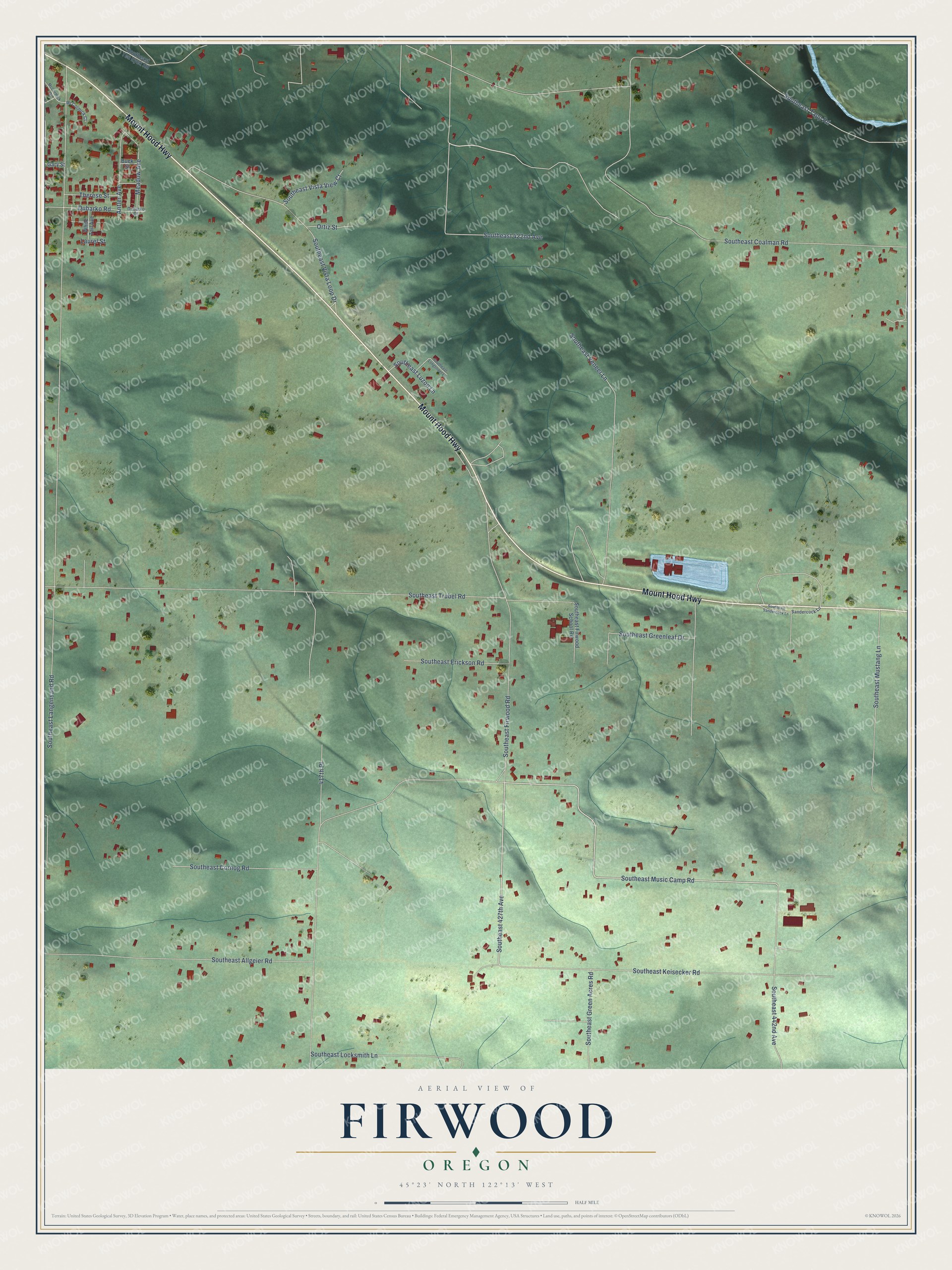 Full map of Firwood, Oregon, with red buildings, printed street names and the land around them