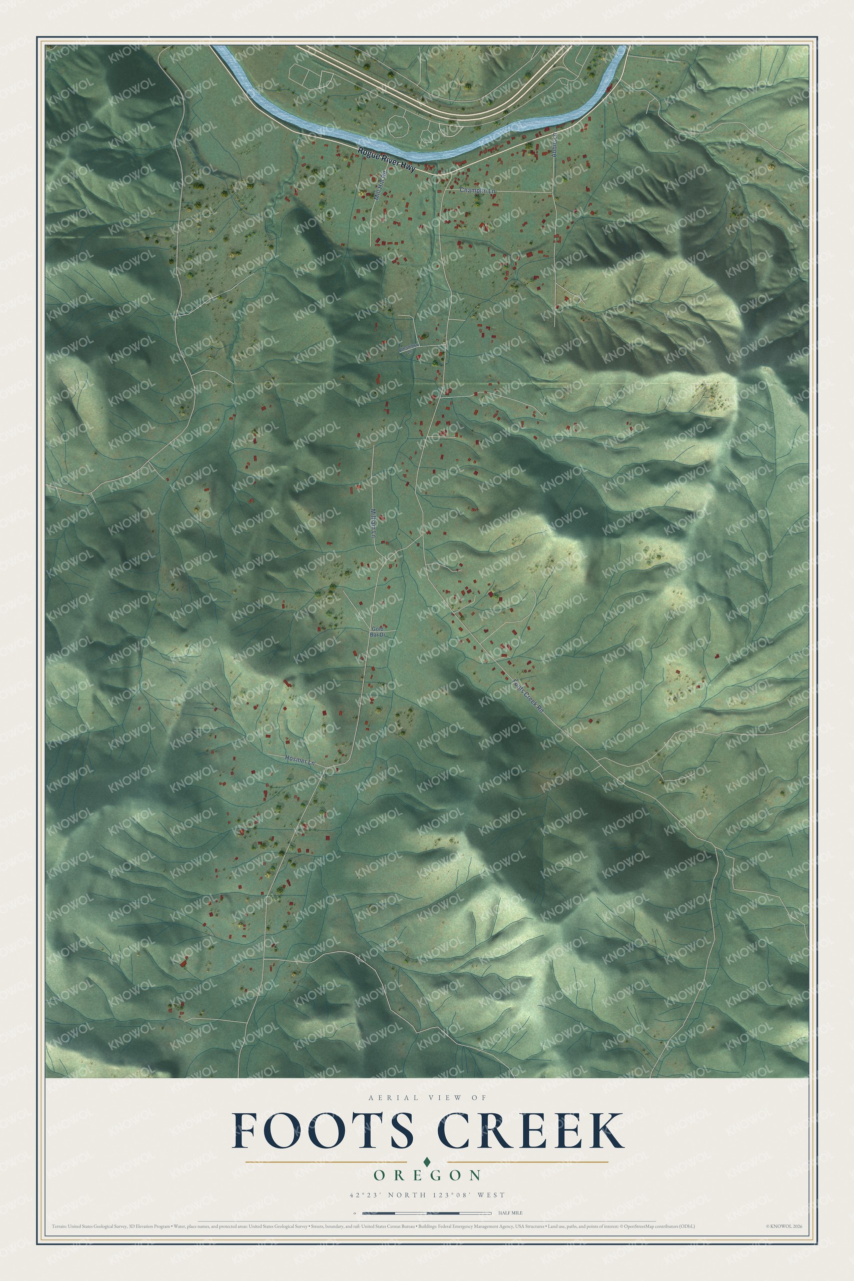Full map of Foots Creek, Oregon, with red buildings, printed street names and the land around them