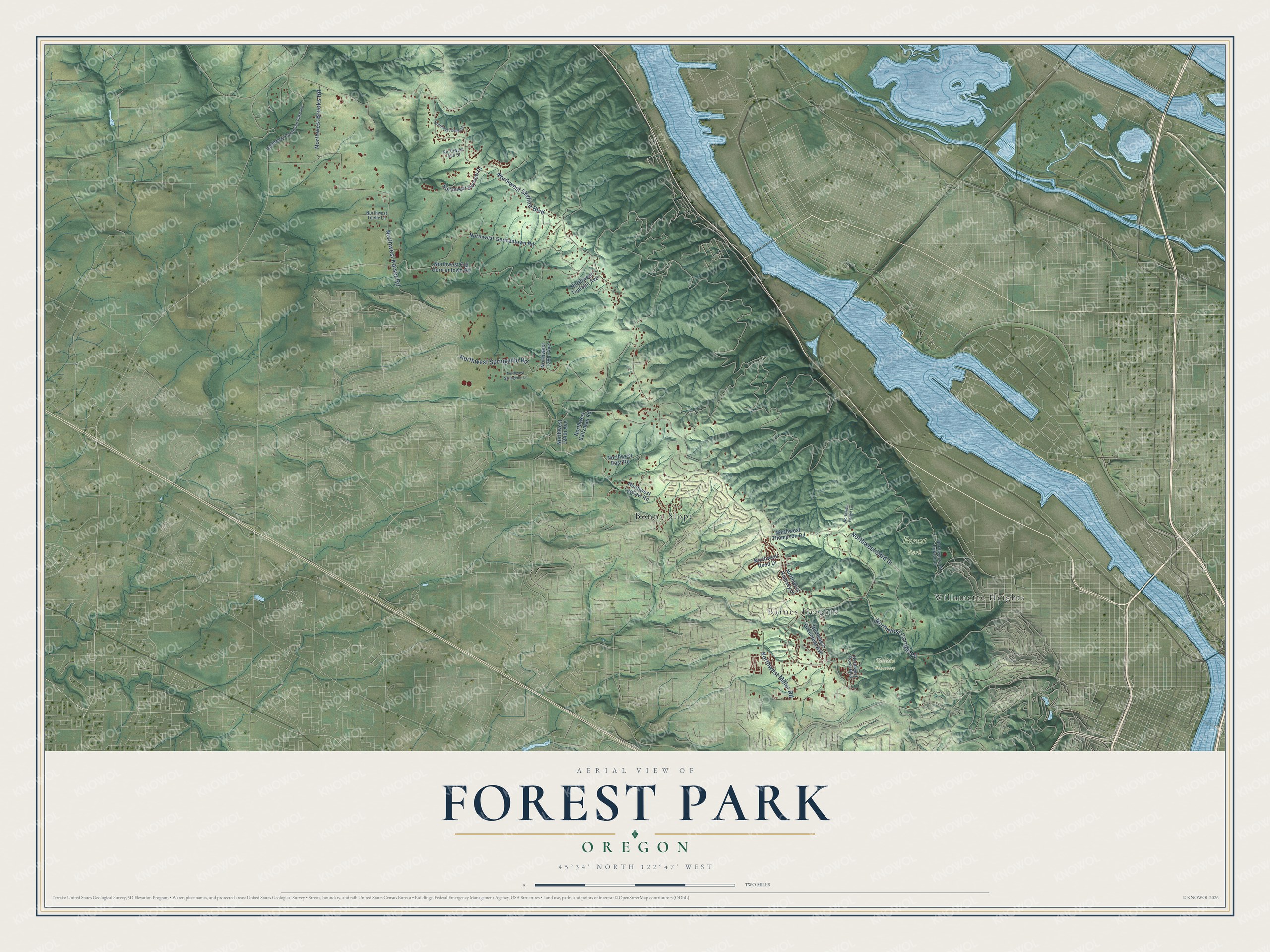 Full map of Forest Park, Oregon, with red buildings, printed street names and the land around them
