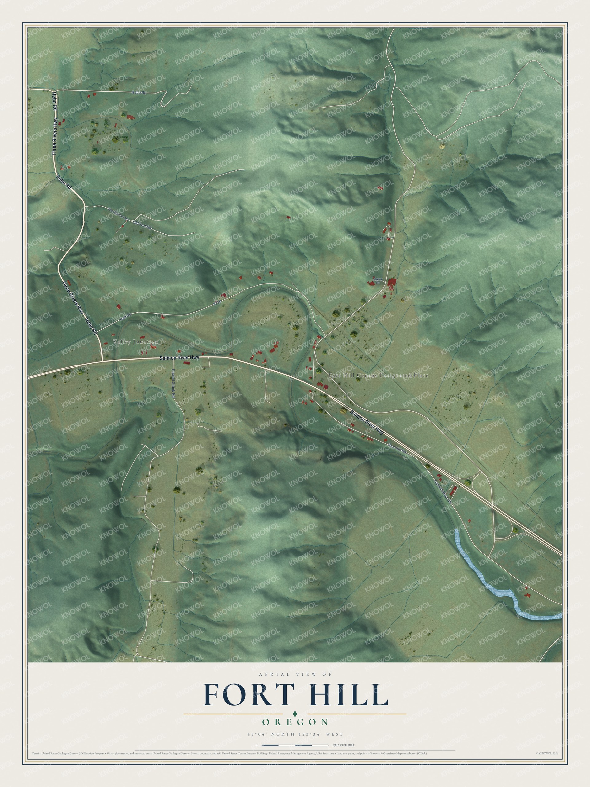 Full map of Fort Hill, Oregon, with red buildings, printed street names and the land around them