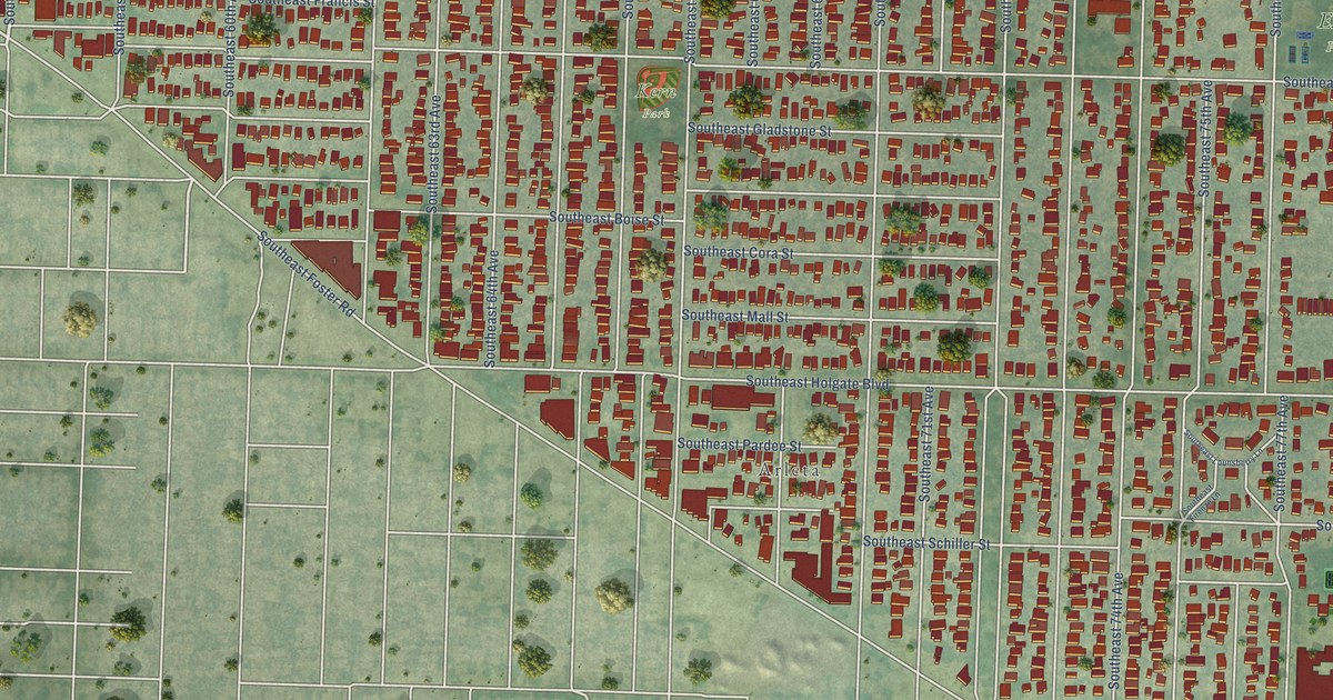 Close-up of streets and buildings in Foster-Powell, Oregon