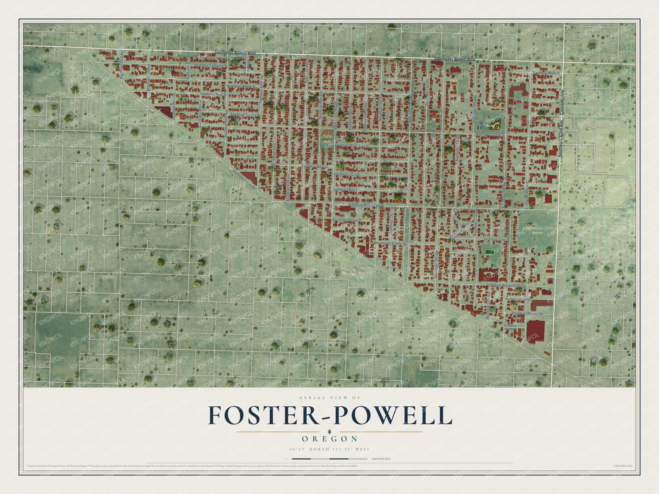 Full map of Foster-Powell, Oregon, with red buildings, printed street names and the land around them