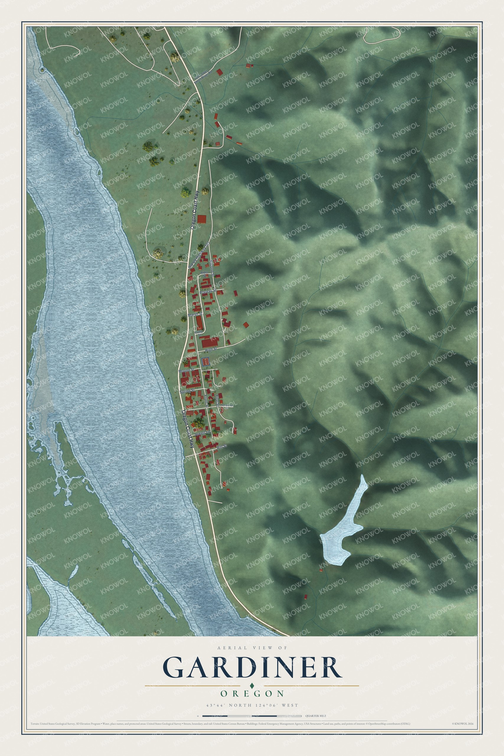 Full map of Gardiner, Oregon, with red buildings, printed street names and the land around them