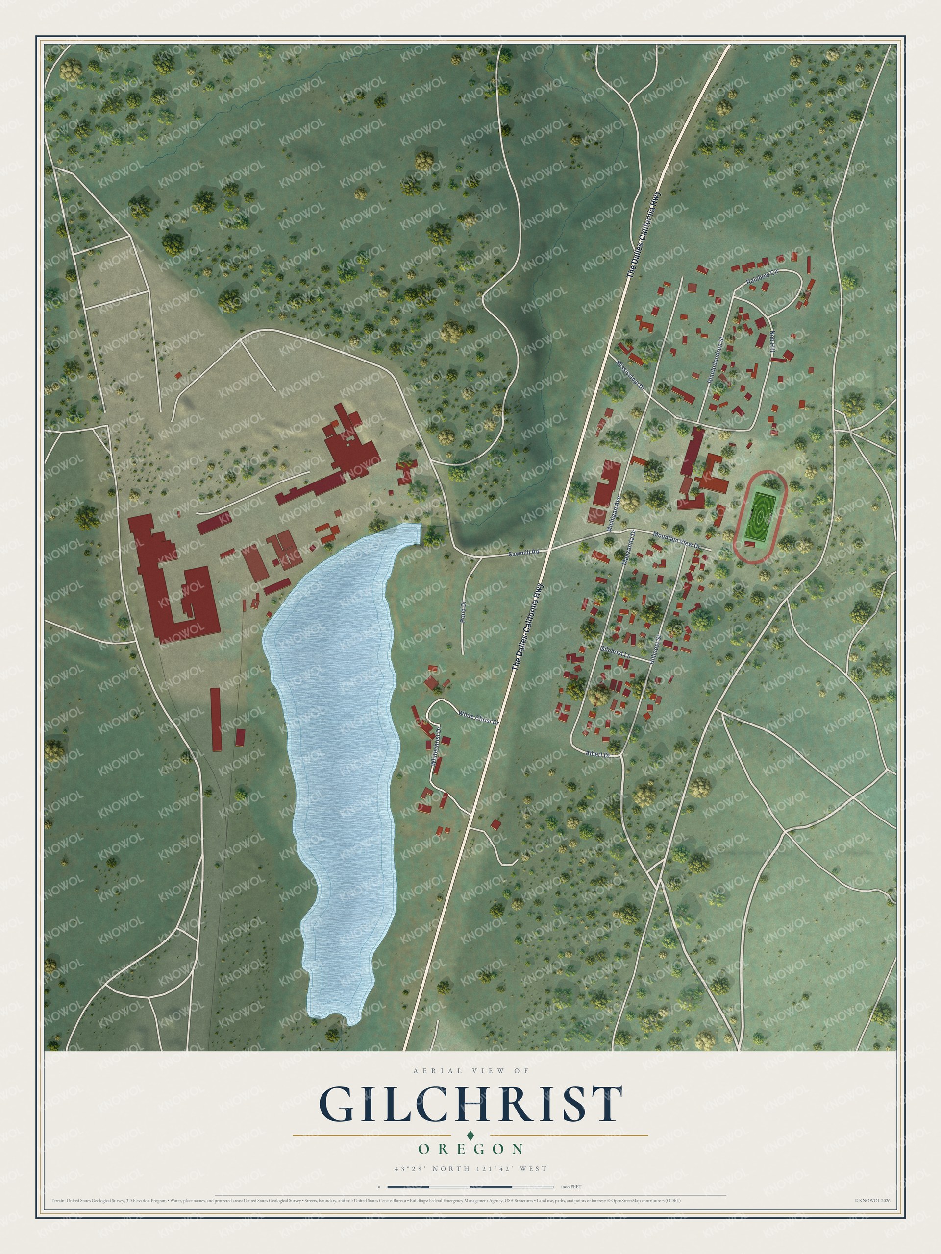 Full map of Gilchrist, Oregon, with red buildings, printed street names and the land around them