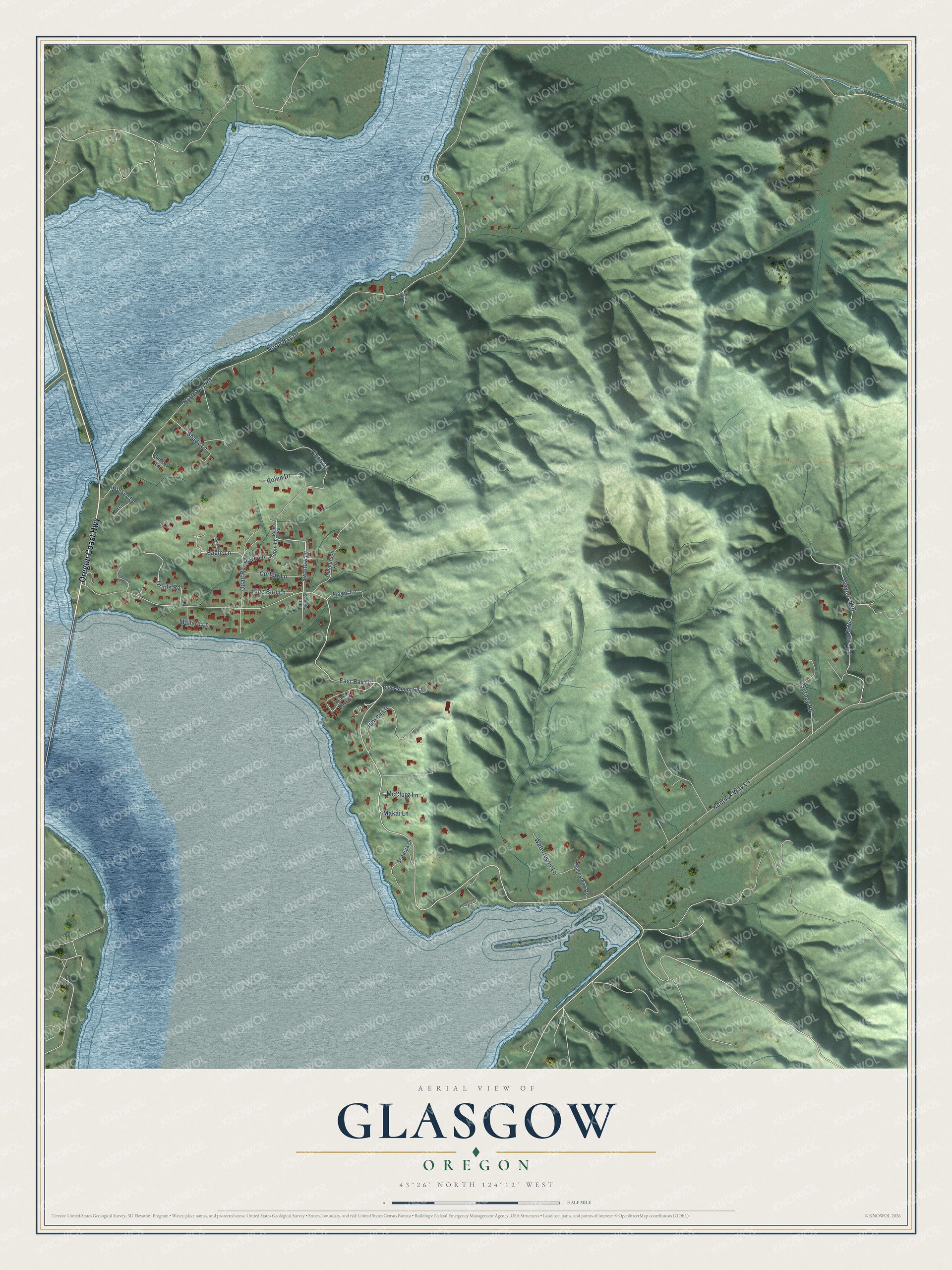 Full map of Glasgow, Oregon, with red buildings, printed street names and the land around them