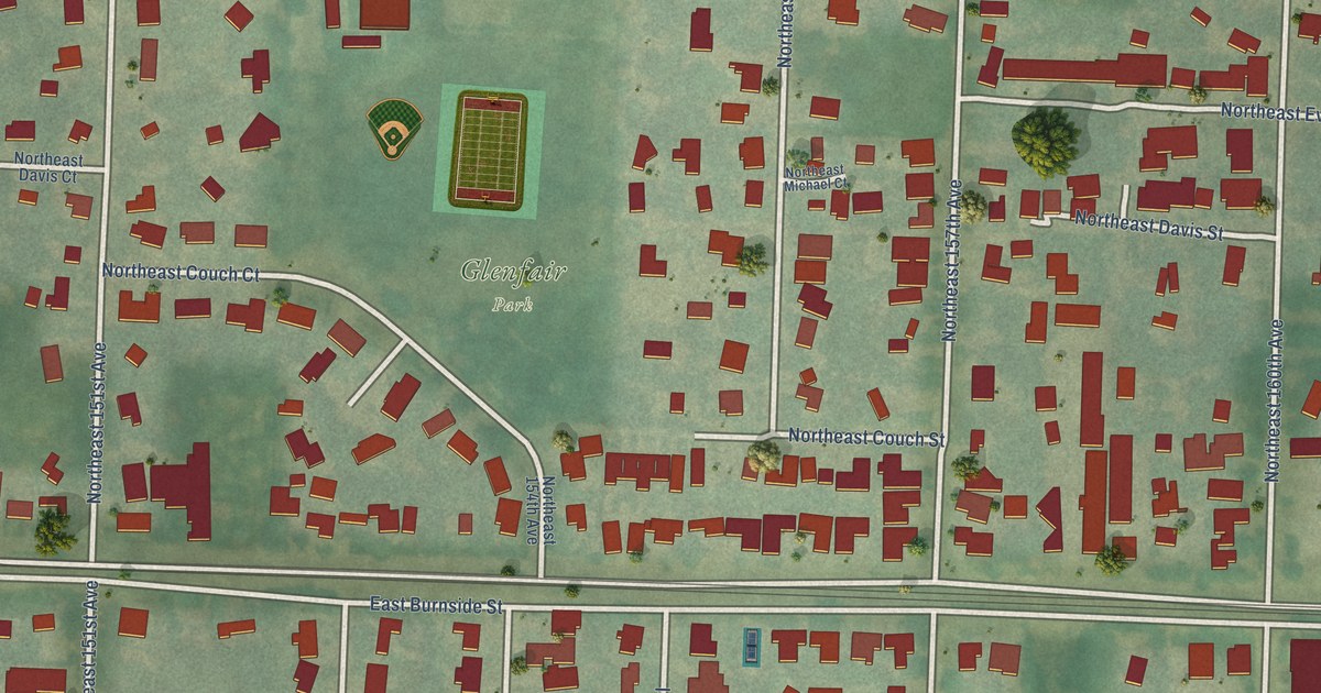 Close-up of streets and buildings in Glenfair, Oregon
