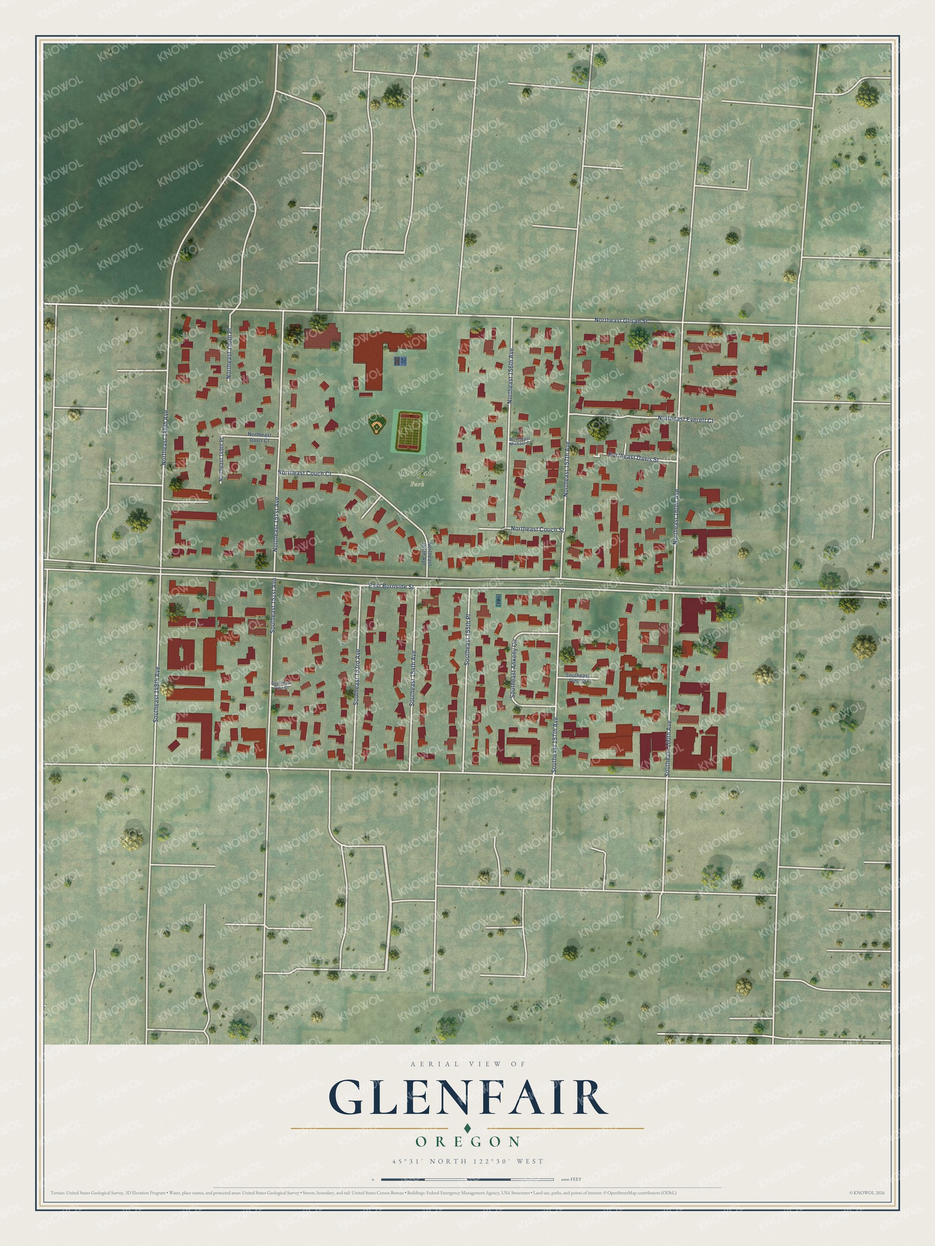 Full map of Glenfair, Oregon, with red buildings, printed street names and the land around them