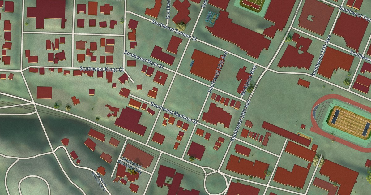 Close-up of streets and buildings in Goose Hollow, Oregon