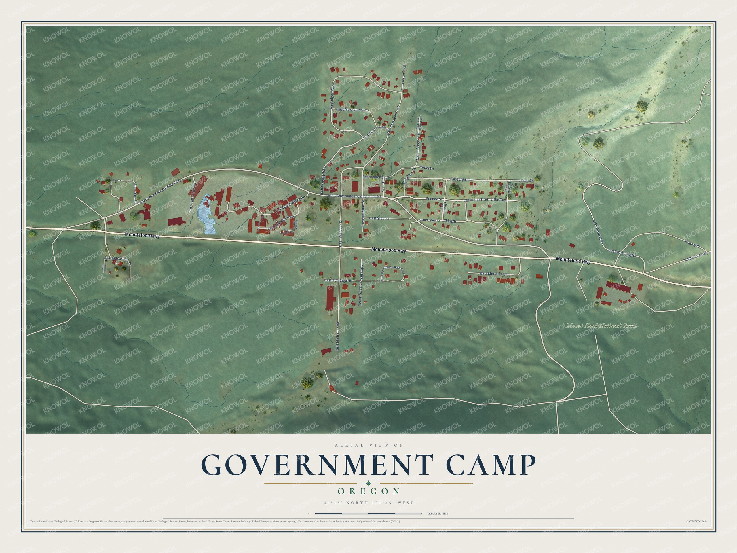 Full map of Government Camp, Oregon, with red buildings, printed street names and the land around them